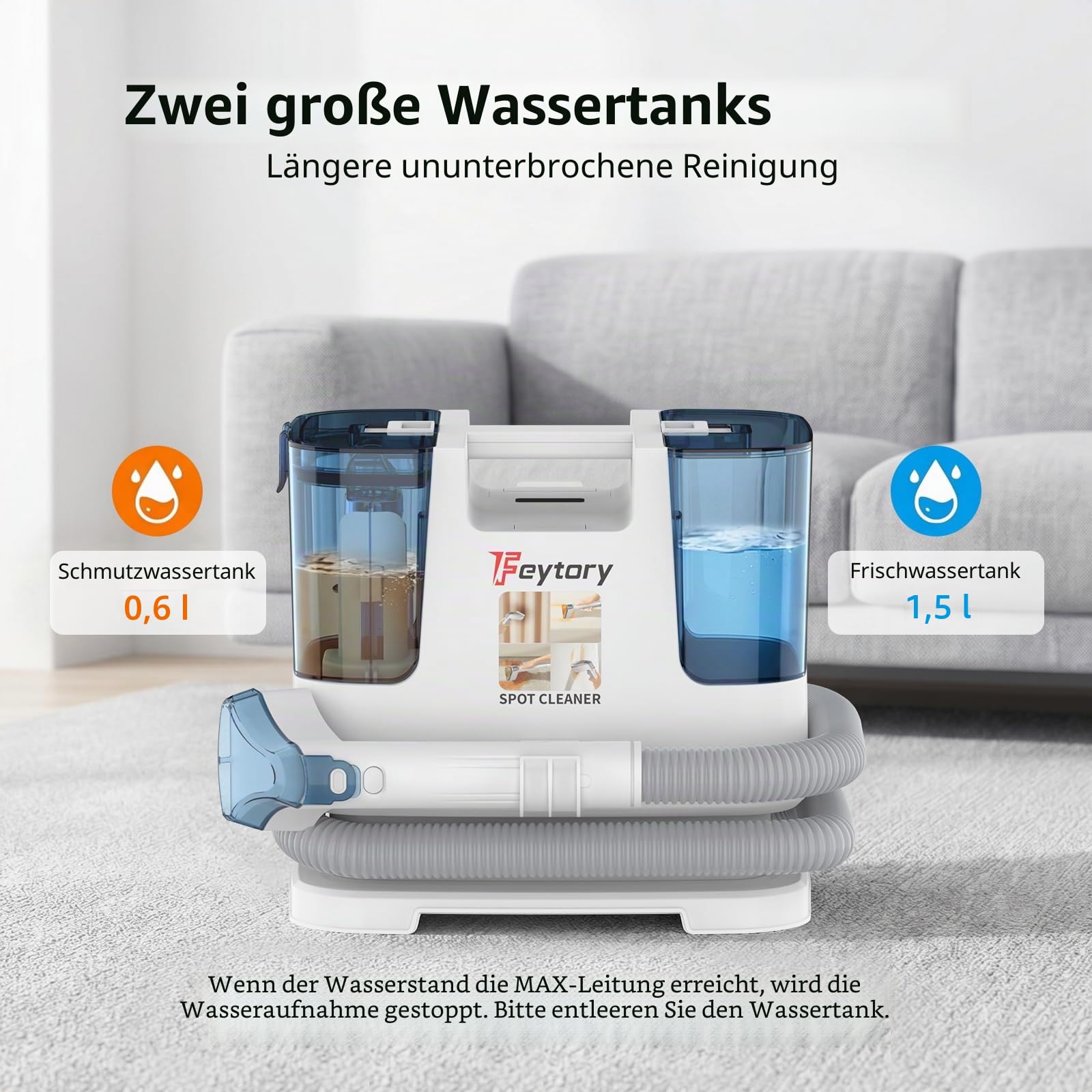 Tragbare Teppich- und Polsterfleckenreiniger-Maschine, 500 W, leistungsstarker Saugfleckenentferner mit zwei Wassertanks, 2 Reinigungsbürsten für Couch, Sofa, Teppich, Matratze, Autositz