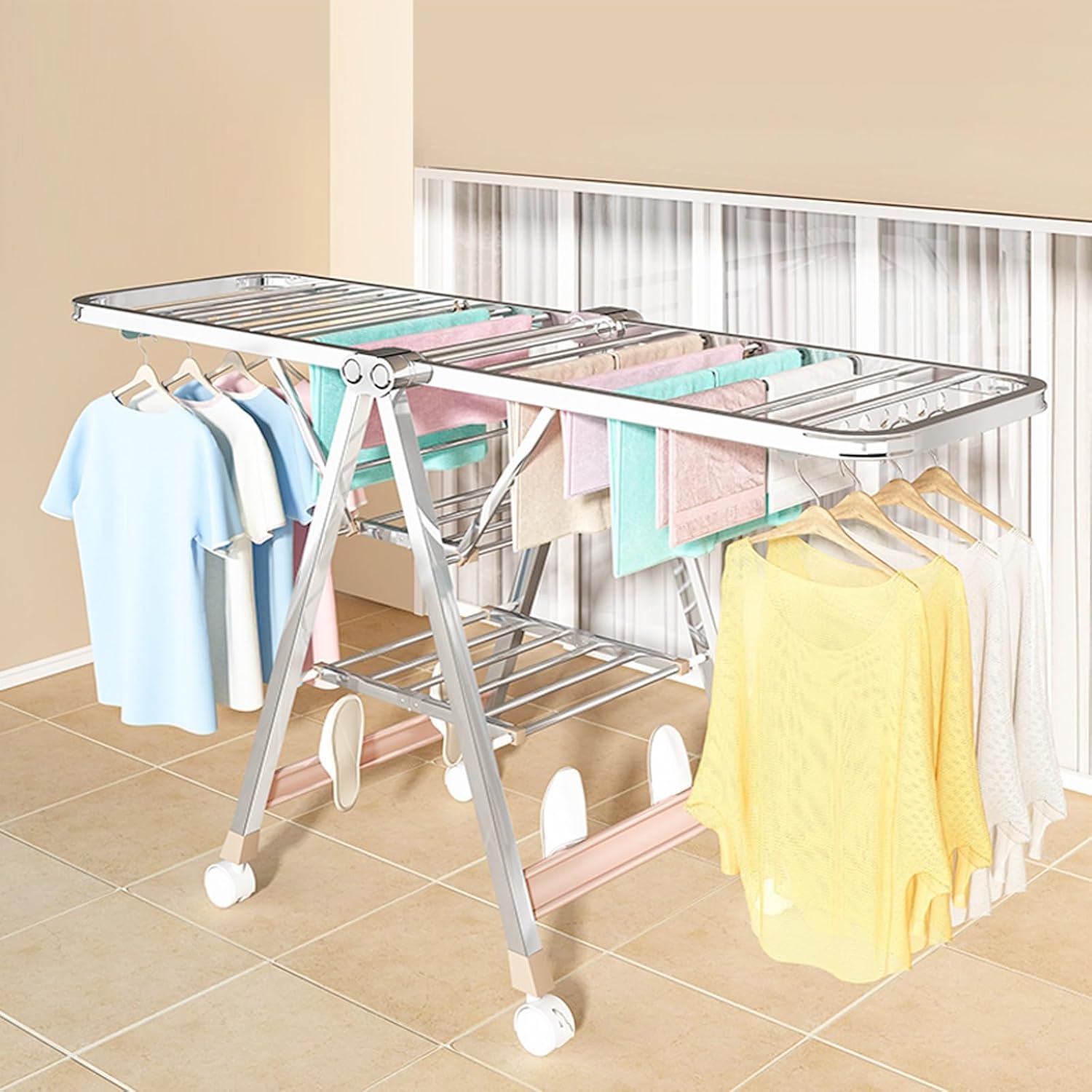 Sturdy Adjustable Rolling Clothing Rack, Foldable Stainless Steel Laundry Drying Rack, Heavy-Duty Metal Garment Rack for Indoor, Outdoor & Balcony Use (150cm)