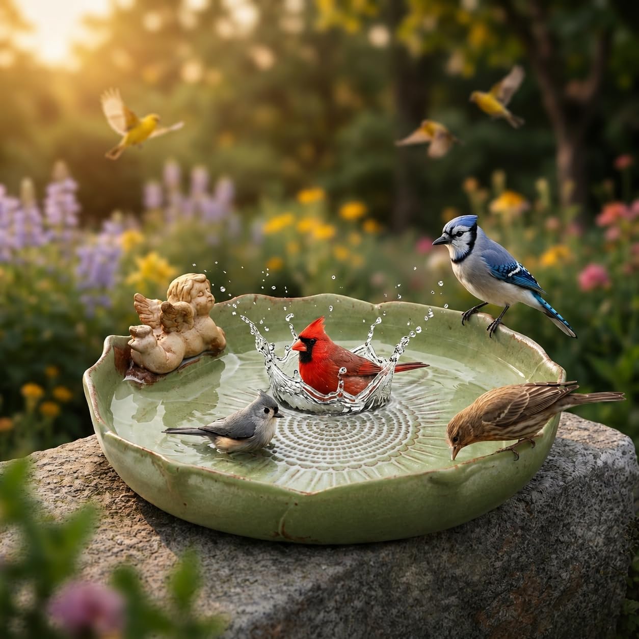 9.45inch Ceramic Ground Bird Bath Bowl for Outside, BirdBath Bowl Only, Ground Bird Feeders and birdbath for Outdoors, Tabletop，Balcony and Garden(Angel)