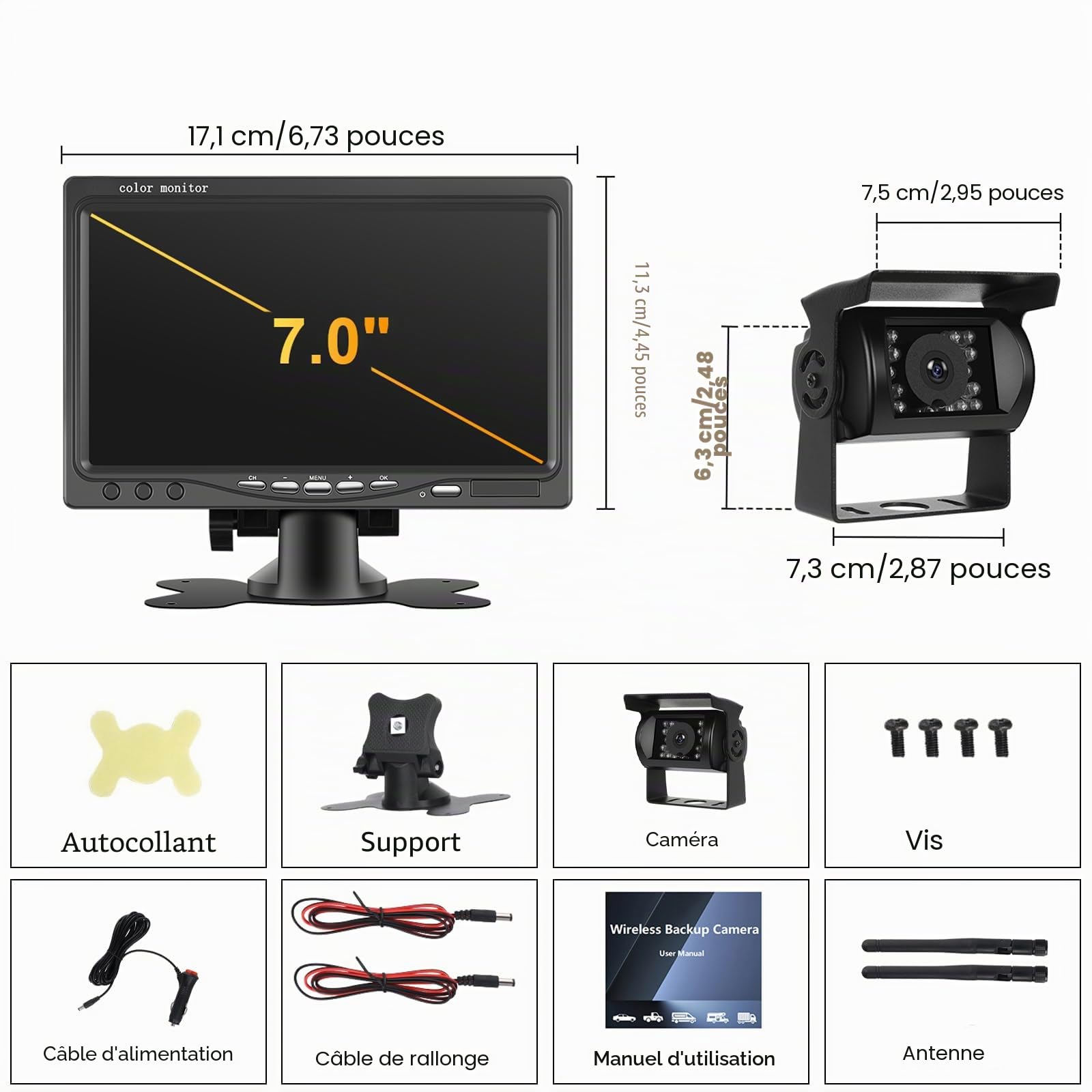 Camera de Recul sans Fil, Hodozzy HD 7 Pouces Camera Recul Kit, Vision Nocturne Camera de Recul pour Camping Car, Camion Caméra de Recul Voiture Ecran IP67 Étanche Moniteur pour Caravane, 12V-36V