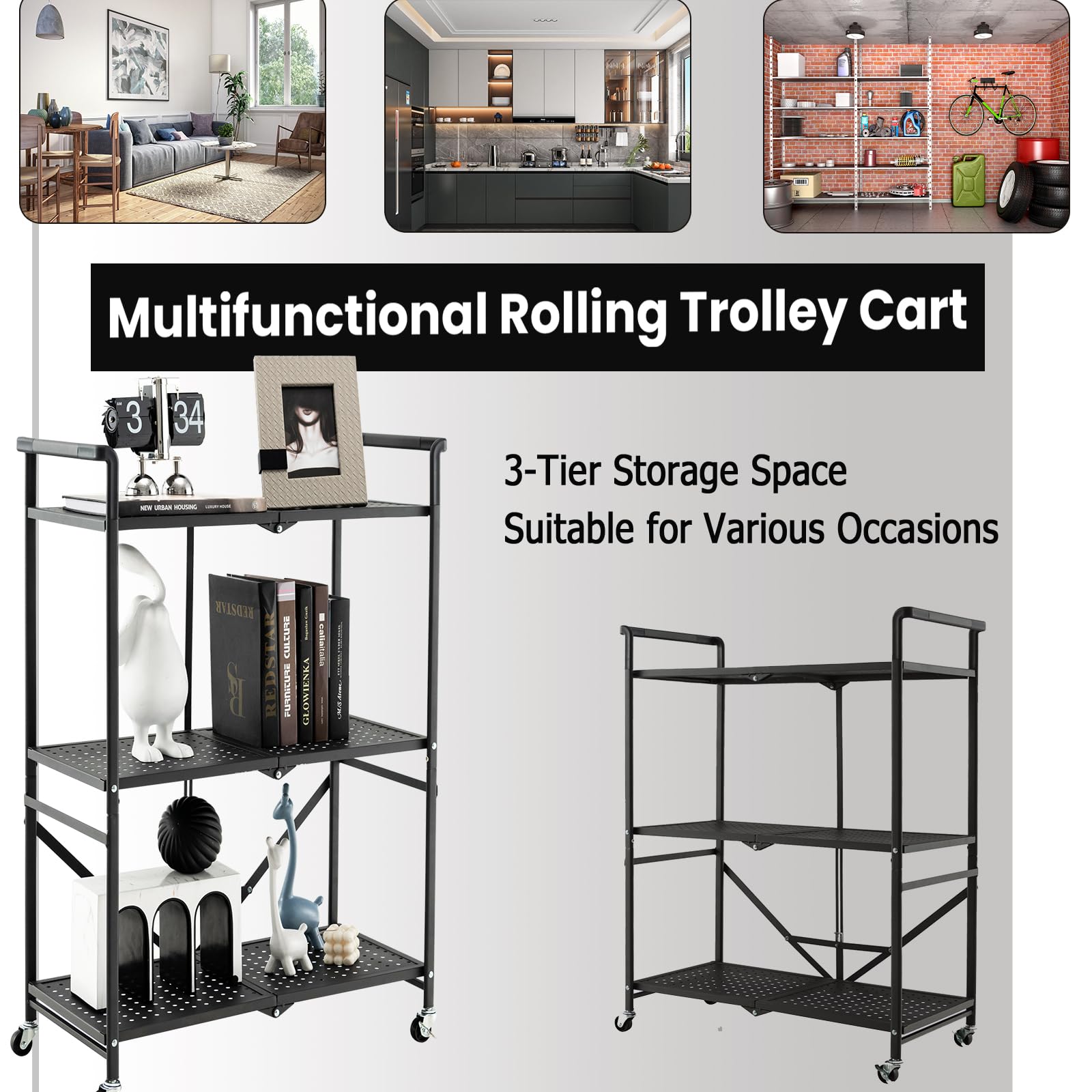 KOMFOTTEU Carrello Cucina Pieghevole a 3 Ripiani, in Mettallo, Scaffale Cucina con Ruote, Scaffale per Microonde, Forno, Tostapane, Carrello di Servizio Salvaspazio, 73 x 33 x 94 cm, Nero