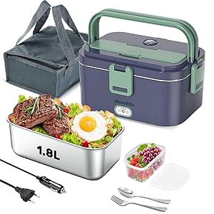 80W Fiambrera Eléctrica,Calentador de Comida Portátil con Recipiente de Acero Inoxidable de 1.8L, 12/24/220V Fiambrera Calentable para Hombre para Coche Camión Trabajo (1,8L Azul Zafiro)