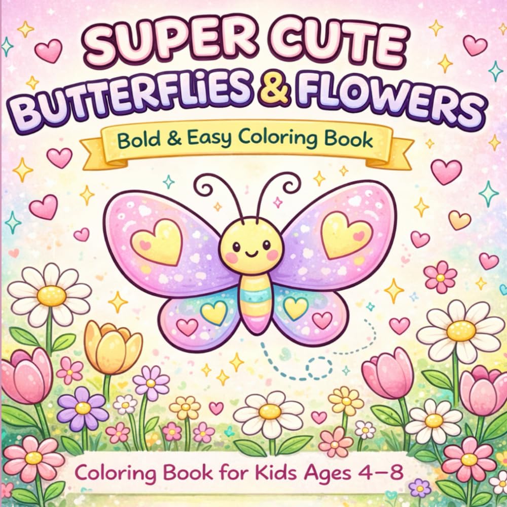 SUPER CUTE BUTTERFLIES & FLOWERS Bold & Easy Coloring Book: Coloring Book for Kids Ages 4–8