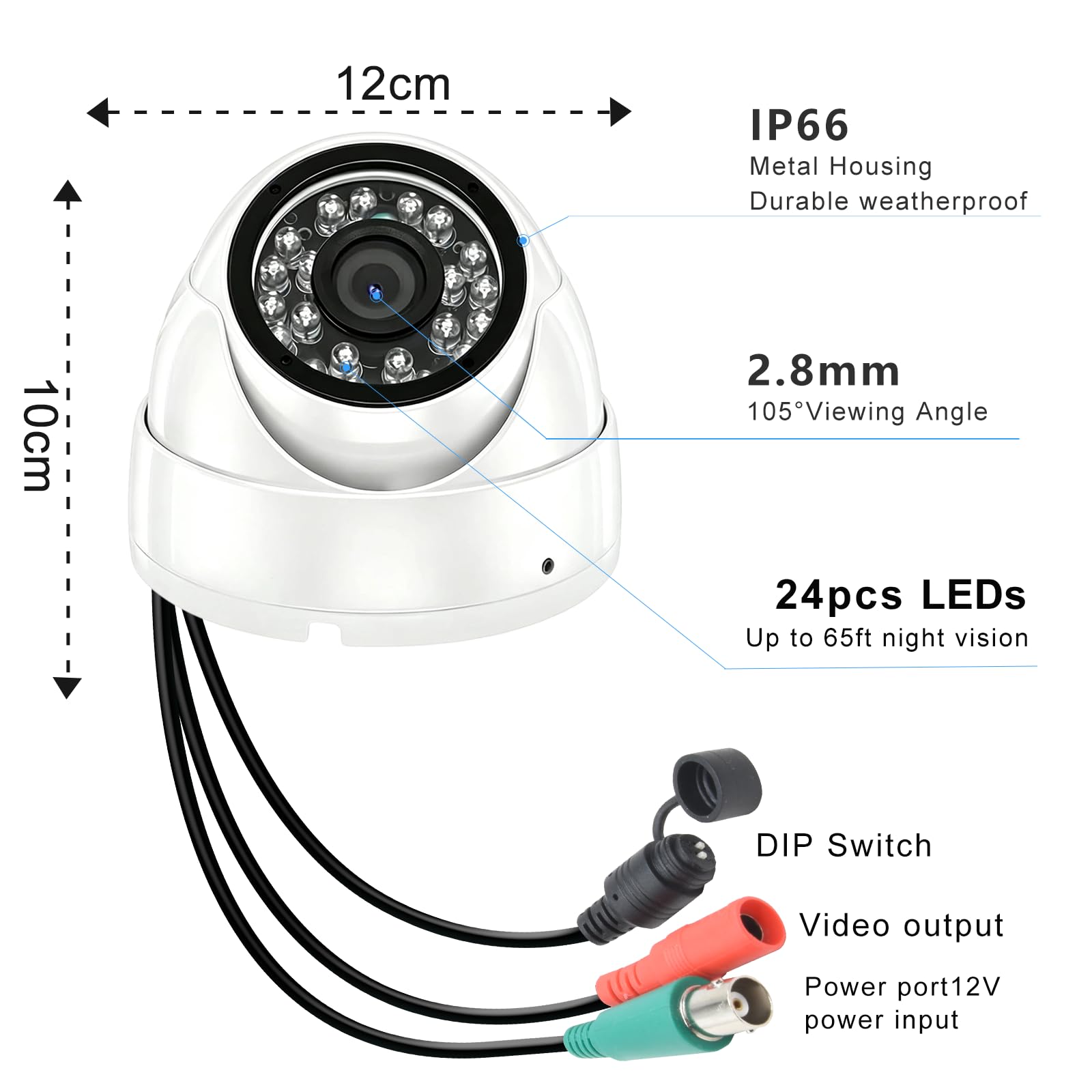 Kamera bezpieczeństwa CCTV 1080p 2MP 4 w 1 (TVI/AHD/CVI/960H analogowa) kopułkowe kamery monitorujące, 24 diody LED, stały obiektyw 2,8 mm, noktowizor na podczerwień 19,8 m, szeroki kąt 105