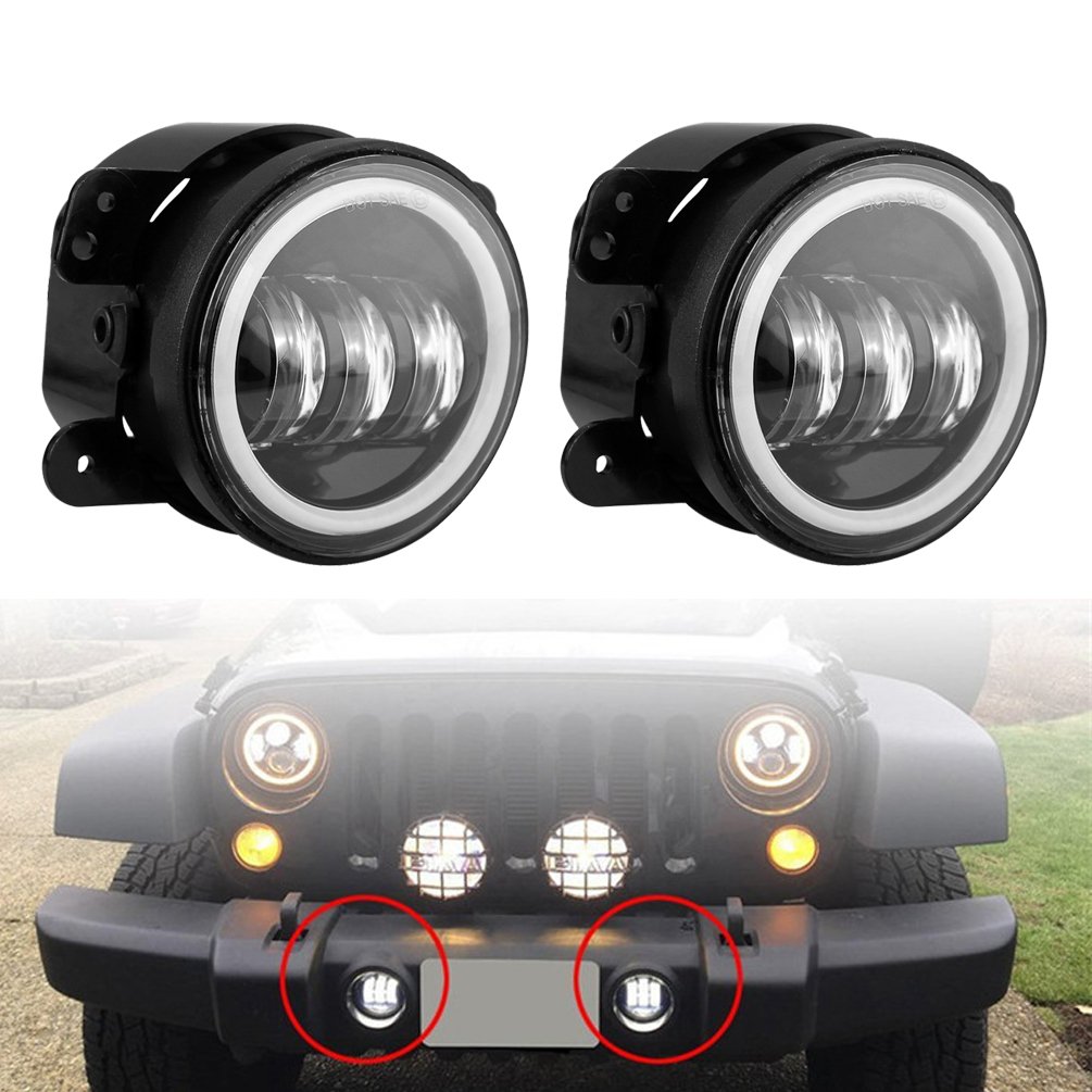 MINGLI Auto LED Driving Lamp Fog Light Round 4 Inch Passing Lamp with white Halo Ring for Jeep Wrangler JK pair