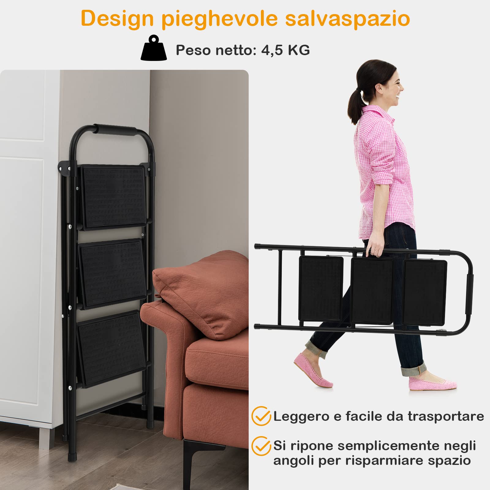 COSTWAY Scala Pieghevole a 3 Gradini con Corrimano in Metallo | Scaletta Pieghevole con Ampio Pedale, Piedi Antiscivolo, Carico 265kg, Nero