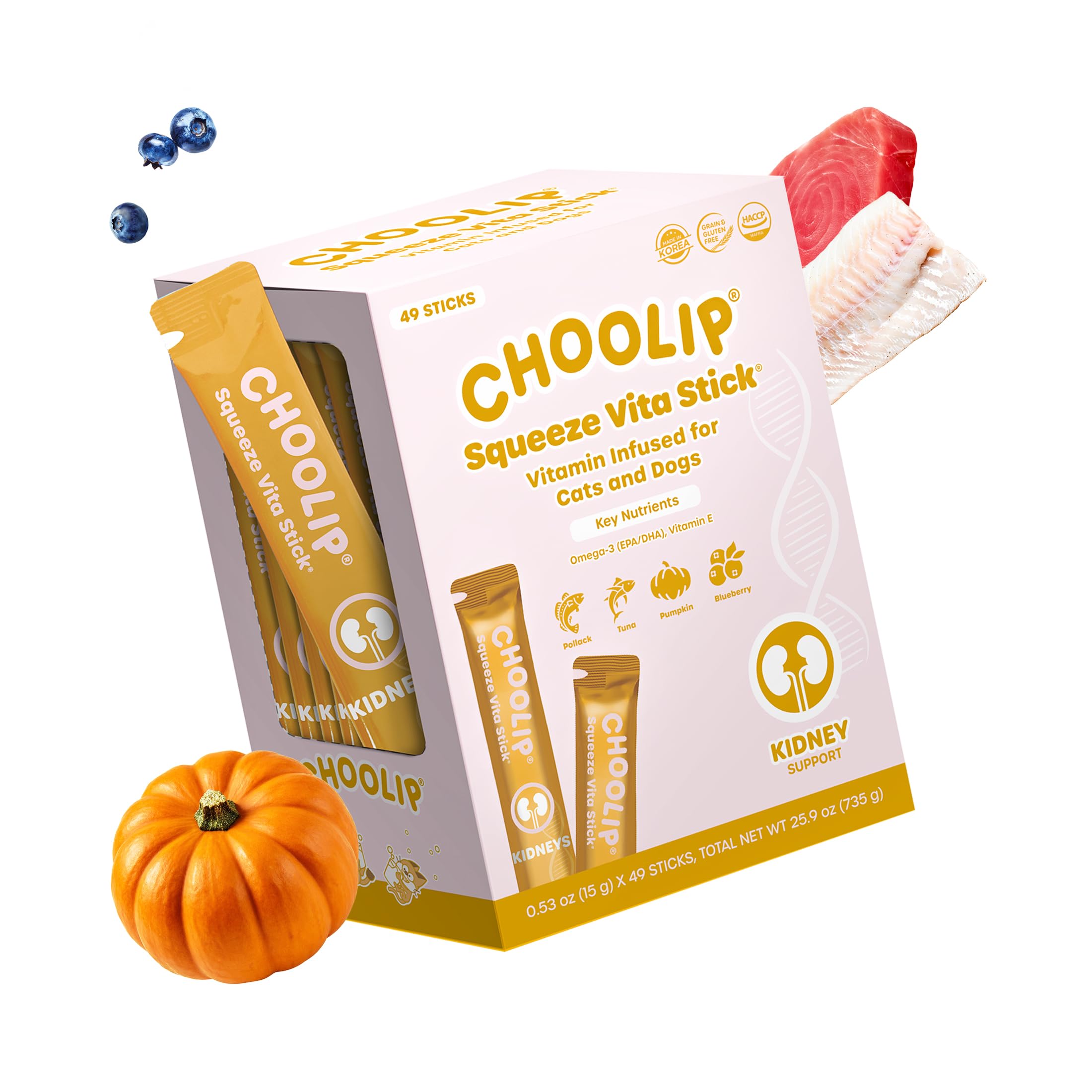 Choolip Squeeze Vita Stick Lickable Cat and Dog Treats, 49-Count Kidney Support Variety Pack, Tuna and Pollack with Pumpkin, Blueberry and Omega-3