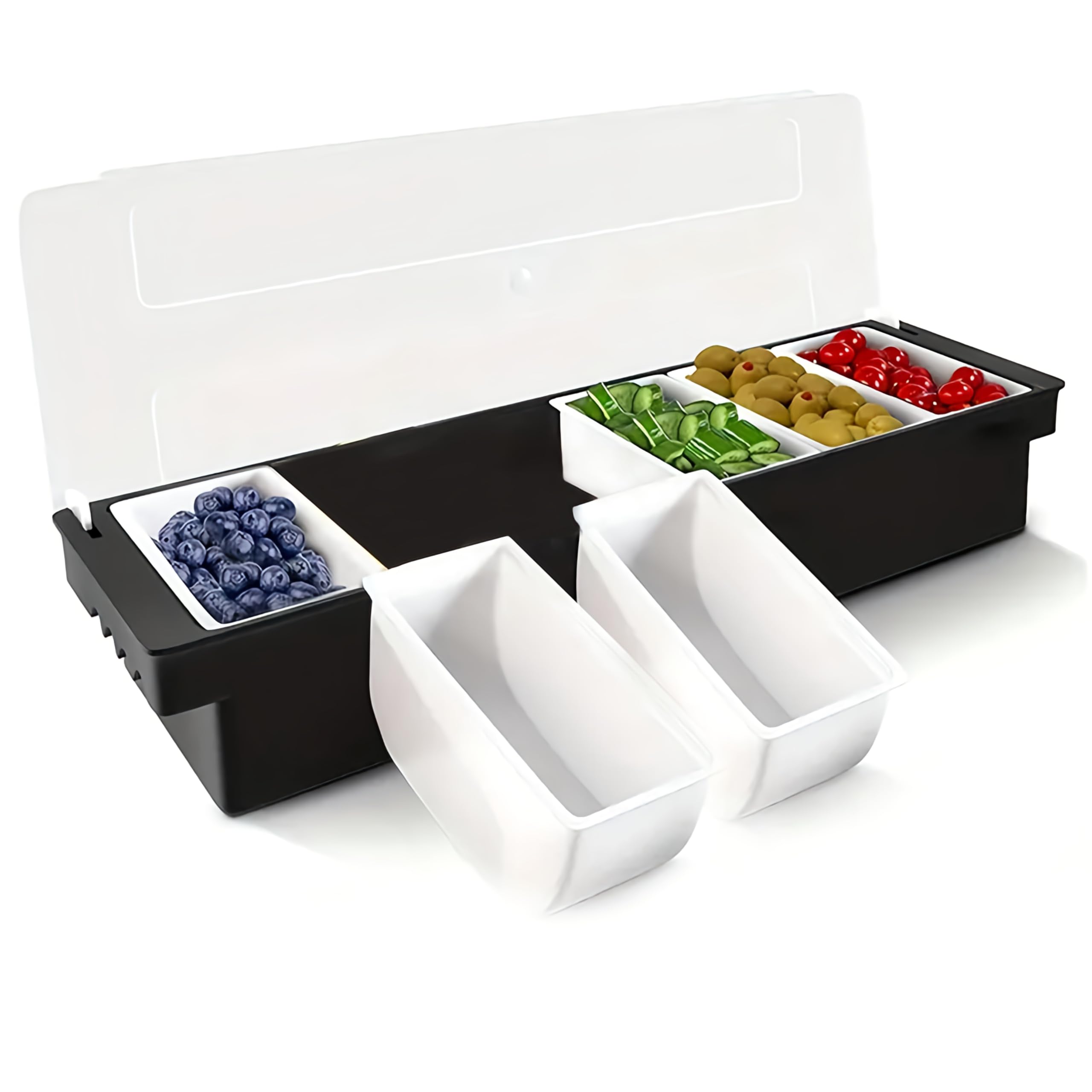 Meetoz White 6 Compartment Trays Detachable Topping Station, Fruit Veggie & Condiment Garnish Station With Lid For Pizza, Salad Bar, Bartending, Ice Cooled Condiment Serving Container For Home Restaurant