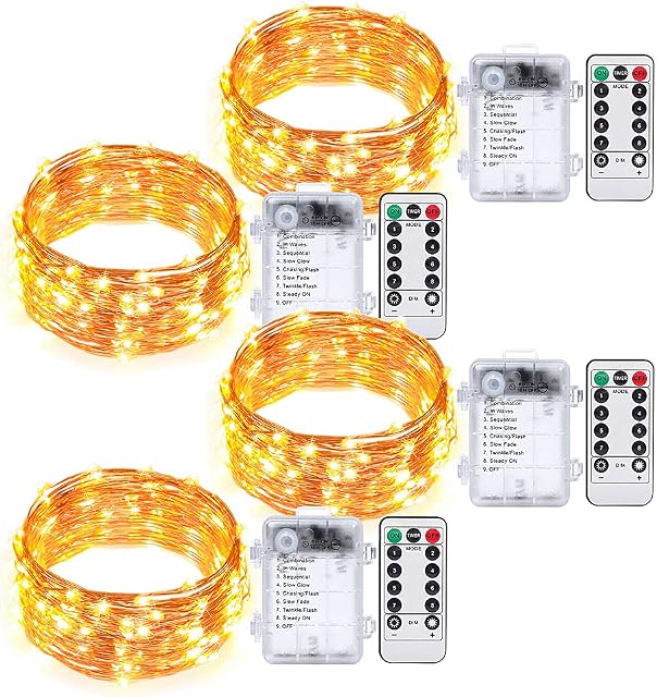 Umi. by Amazon 5 metres (16.4 ft) 50 LED Single Colour Fairy Lights Battery Operated with Remote Control Timer, Decorative Cooper Wire With Waterproof for Halloween, Bedroom, Indoor Outdoor, 4 Pack