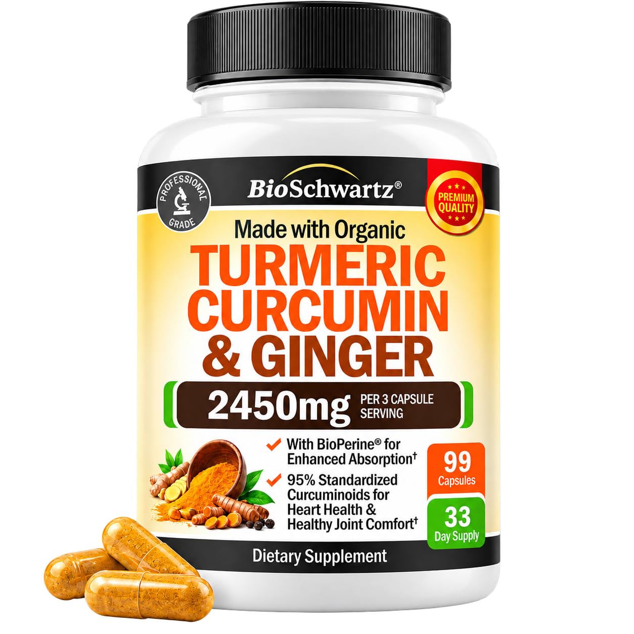 Turmeric Curcumin Supplement 2450mg with Ginger & Black Pepper | 99ct