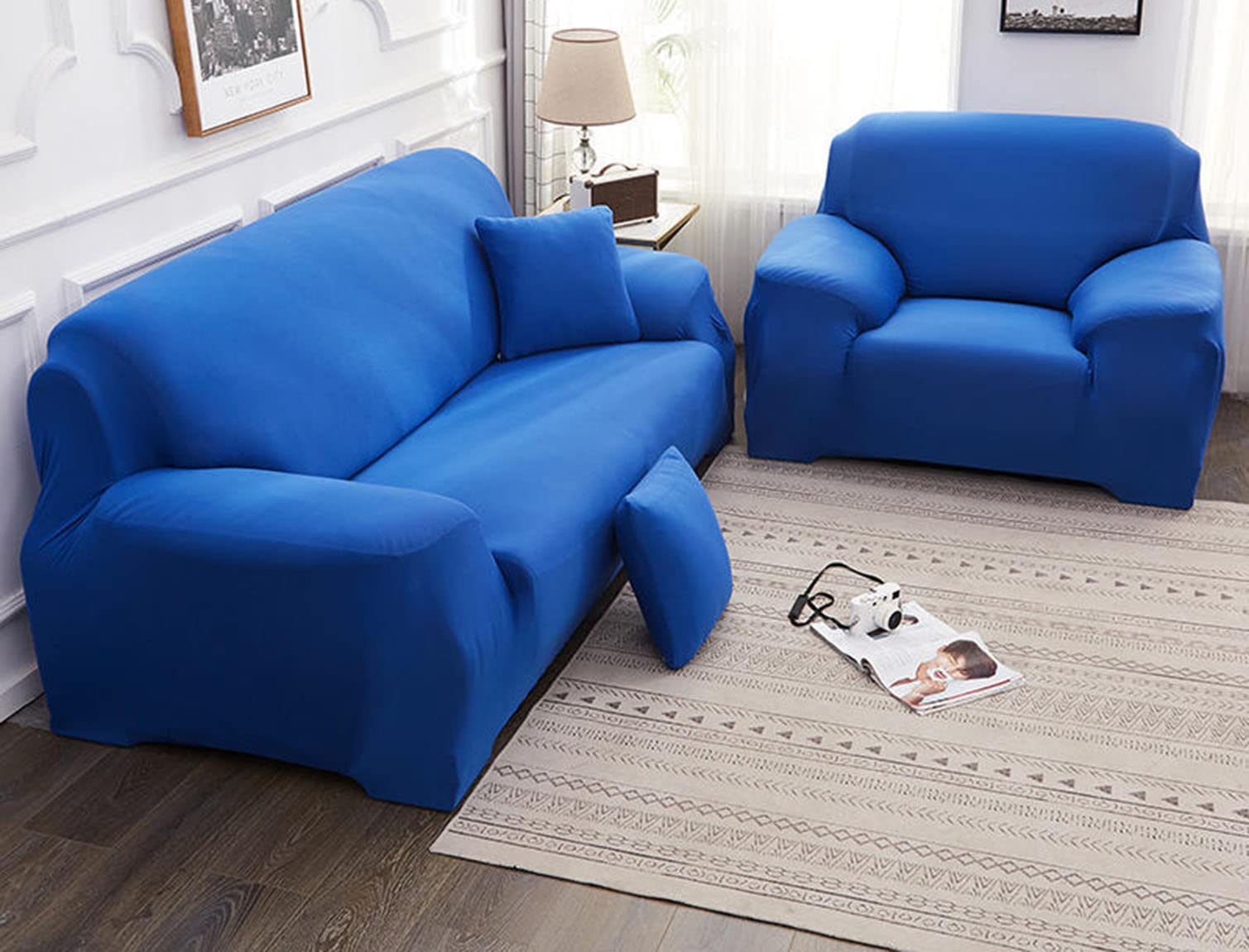 Housse de canapé bleu foncé extensible pour salon familial