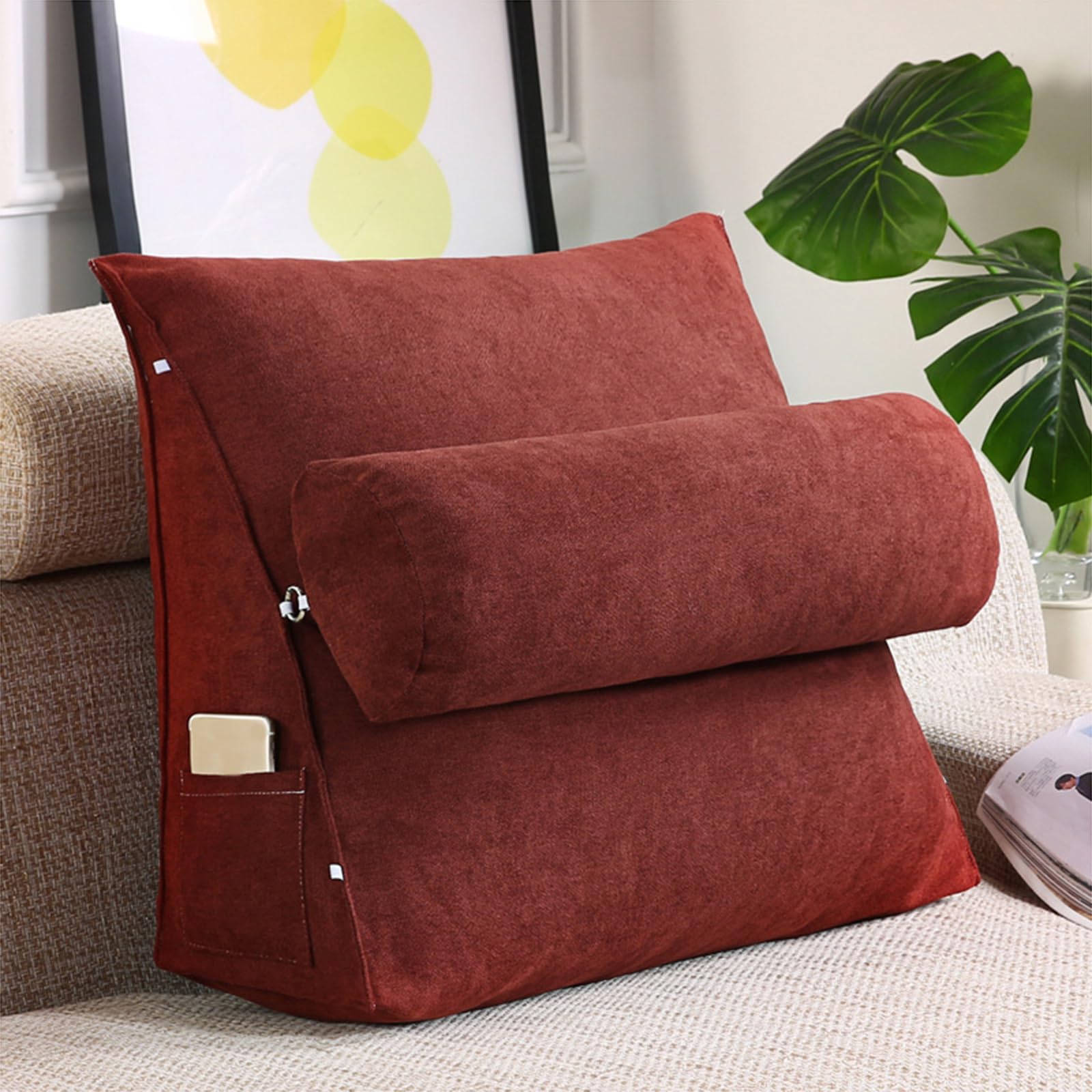KKXXYQFC Cuscino da Lettura Triangolare Cuscino di Supporto Lombare Rosso Scuro per testiera del Divano 60x50x20 cm Schienale Confortevole per Il Relax e la Lettura