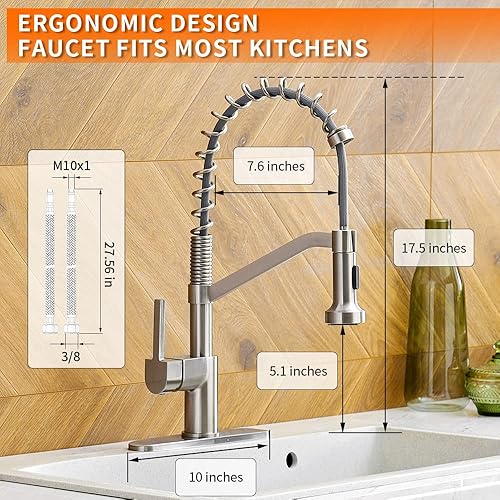 Miniatura 14 de OWOFAN - Grifos para fregadero de cocina, con rociador plegable, de latón macizo, con acabado en níquel cepillado, diseño industrial, con un mango