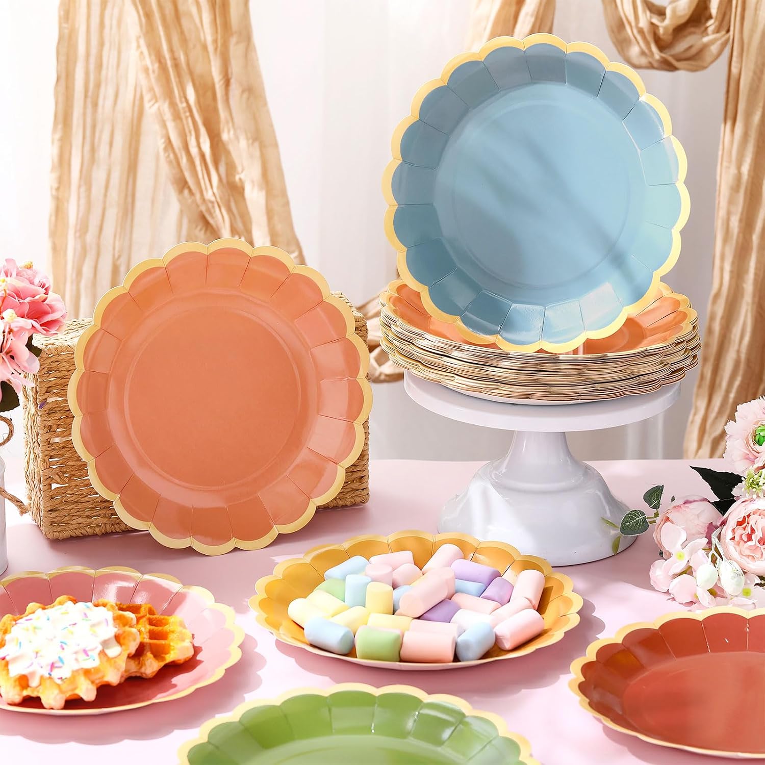 96 Pcs Wildflower Color Paper Plates 9 Inch Colorful Boho Scalloped Paper Disposable Dinner Dessert Plates for Spring Summer Birthday Wedding Bridal Party Supplies, 6 Colors
