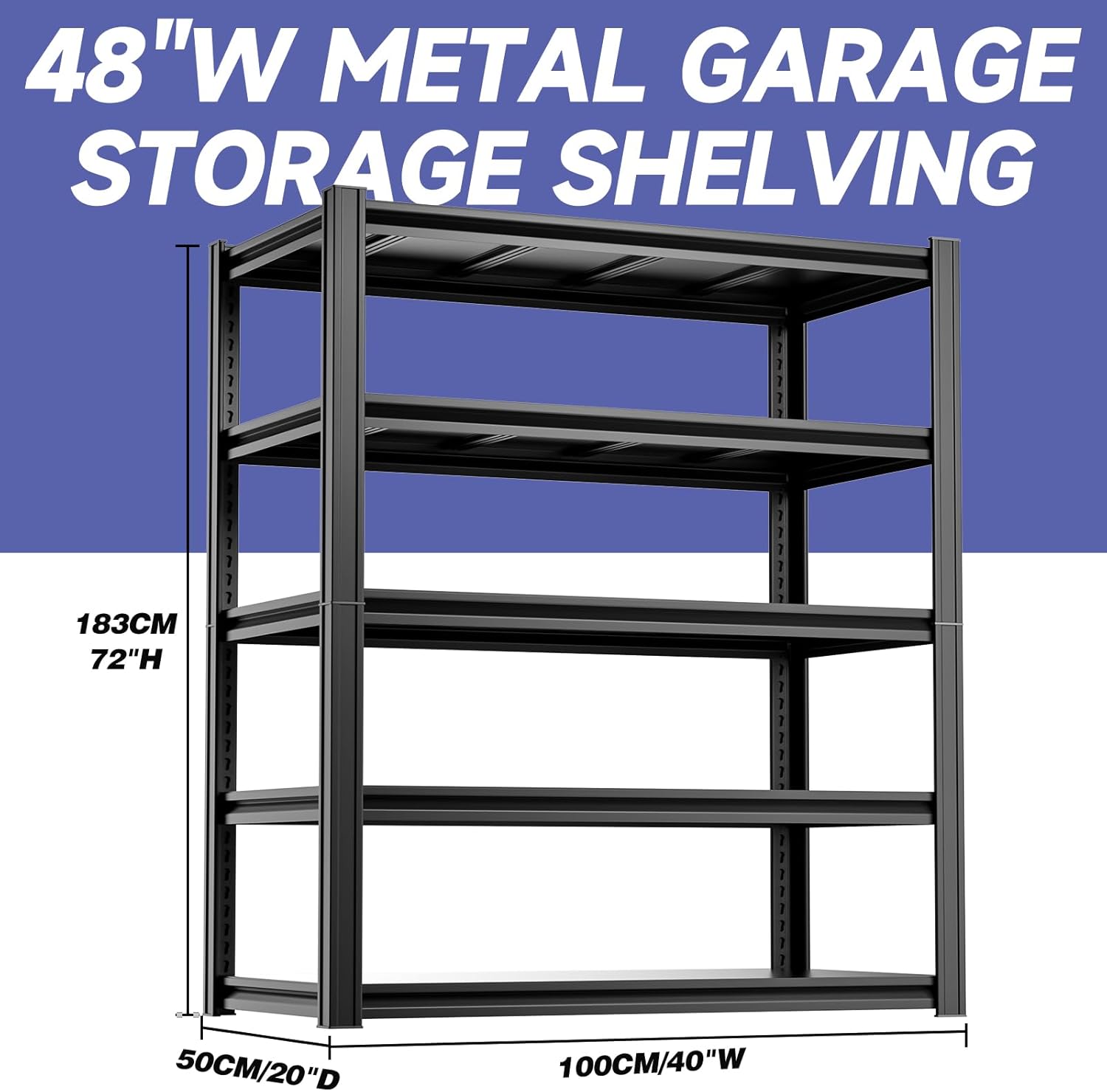 5-Tier 40”W X 20”D X 72”H Heavy Duty Garage Storage Shelves 2500LBS Basement Shelving Heavy Duty Adjustable Unit Rack Metal Rack(Black)