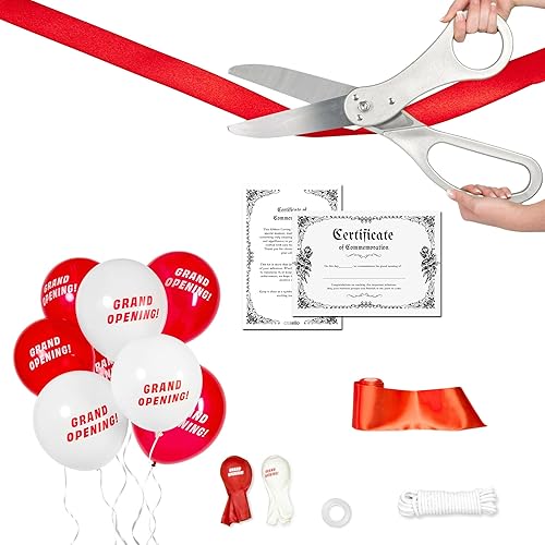 Crutello Kit de ceremonia de corte de cinta gigante de lujo de 20 pulgadas, tijeras XL afiladas con mango plateado, cinta roja de 30 pies de 4