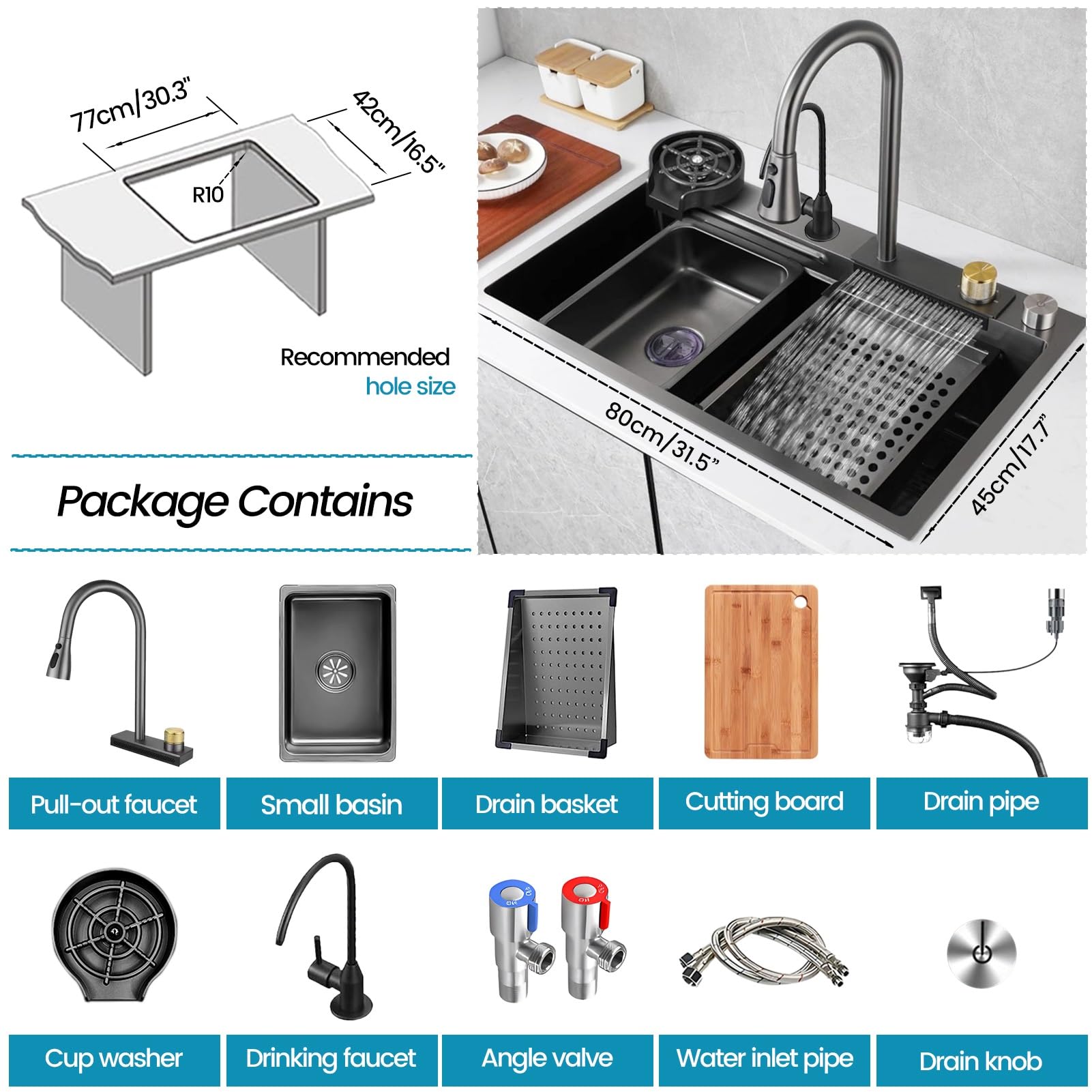 Fregadero de Cocina Grande con Grifo extraíble, lavavasos y Kit de desagüe, Fregadero de Barra de Acero Inoxidable, Fregadero de preparación húmeda Tipo Cascada de un Solo Seno (80