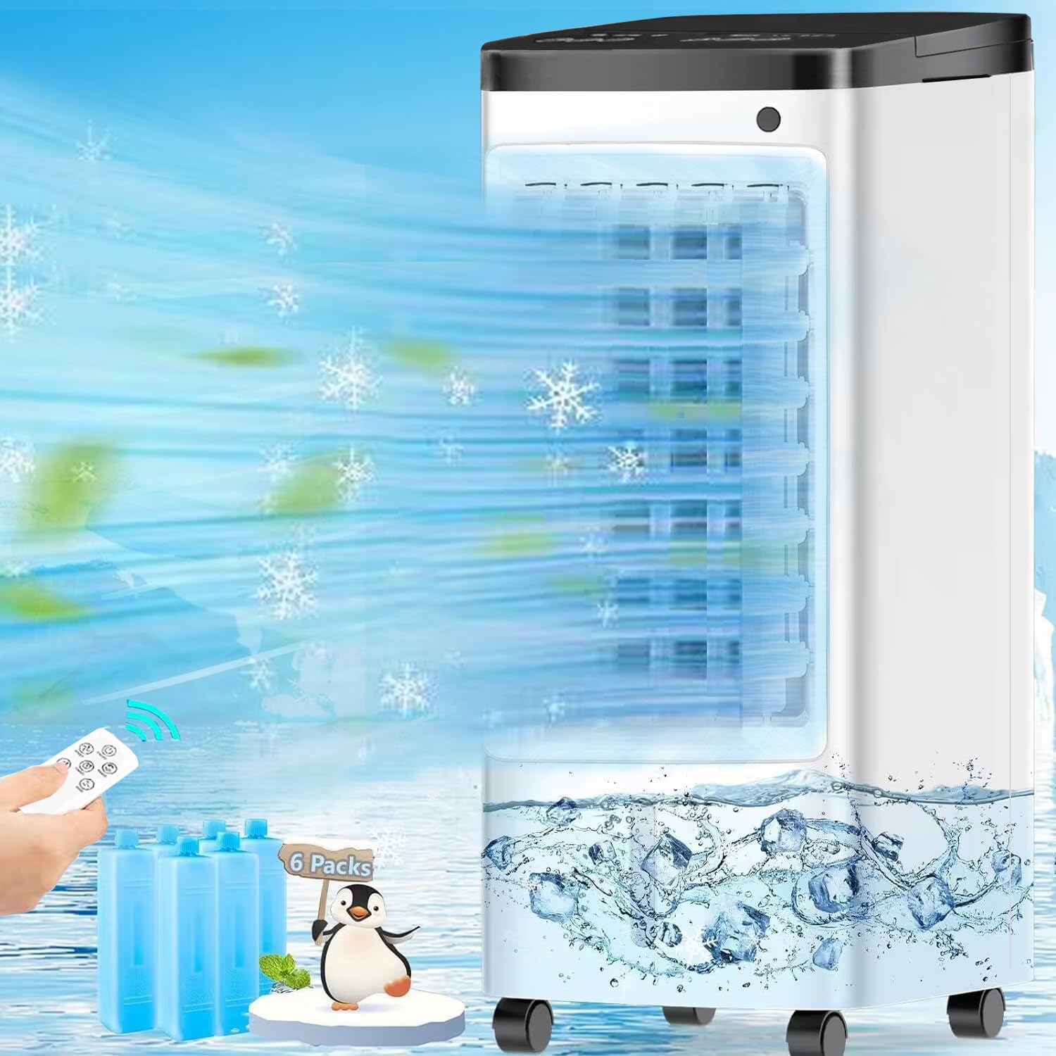 Portable Air Conditioners, 2024 New 3 in 1 Air Conditioner with 5 L Water Tank, 3 Speeds, 12H Cooling Time, 65° Oscillation, Swamp Cooler Portable for Room Office Bedroom Kitchen Garage?6 Ice Packs?
