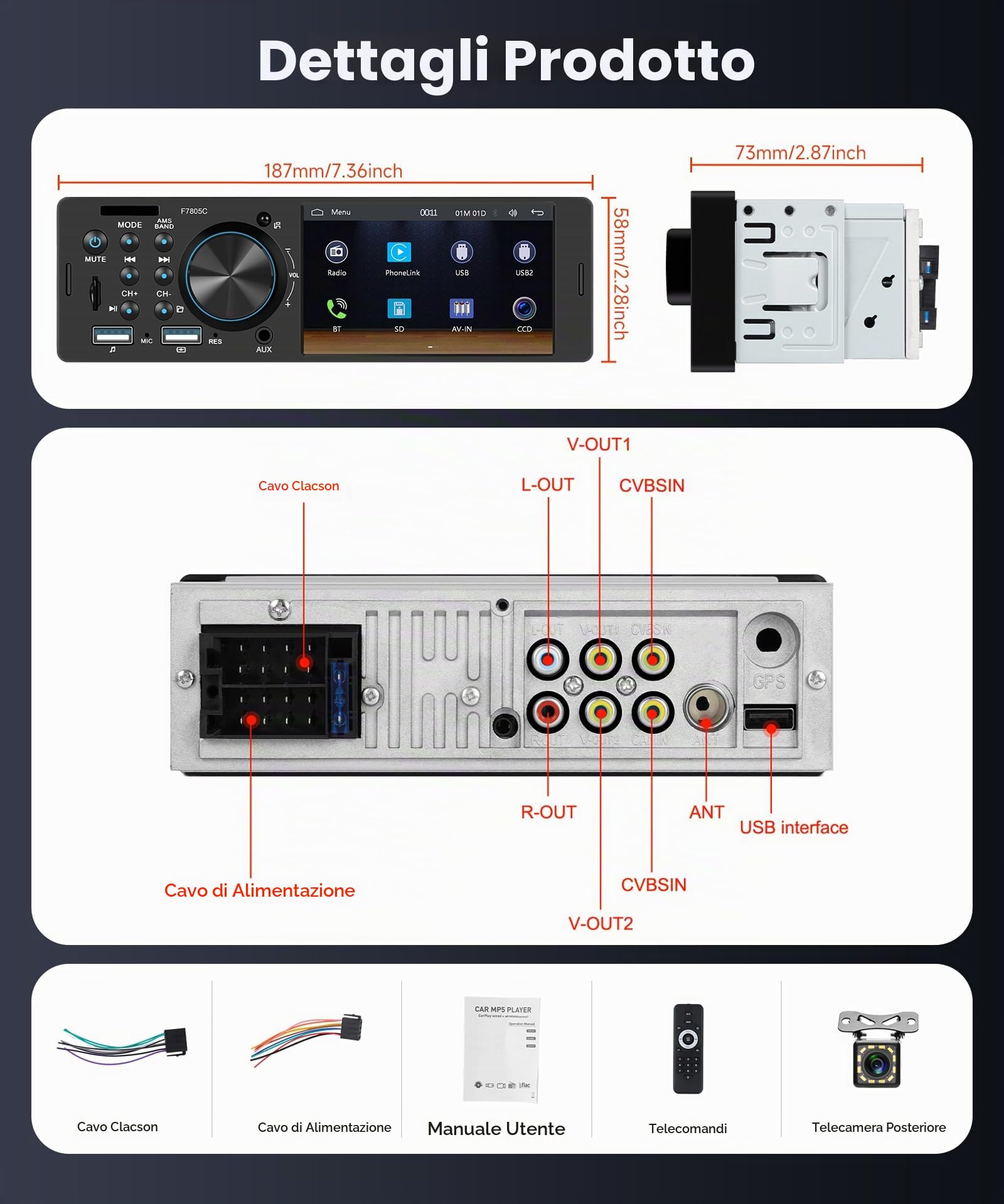 Hodozzy USB Autoradio 1 Din con Schermo da 4 Pollici, CarPlay e Android Auto, Compatibile con Bluetooth 5.2, Radio FM, Ricarica Rapida, TF/AUX, Mirror Link, EQ SWC, Telecamera Posteriore