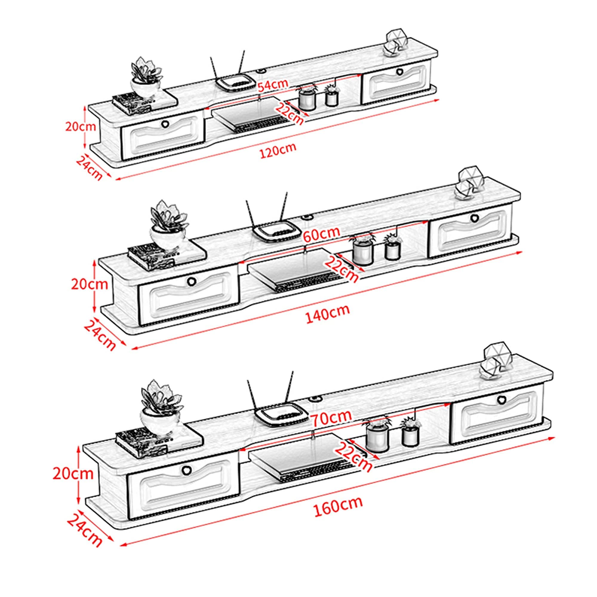 Gabinete de Soporte de TV Unidades de Pared de TV para Sala de Estar Consola de Medios Soporte de TV Gabinete montado en la Pared para Sala de Estar Dormitorio Oficina Sala de juegos/B/120X2