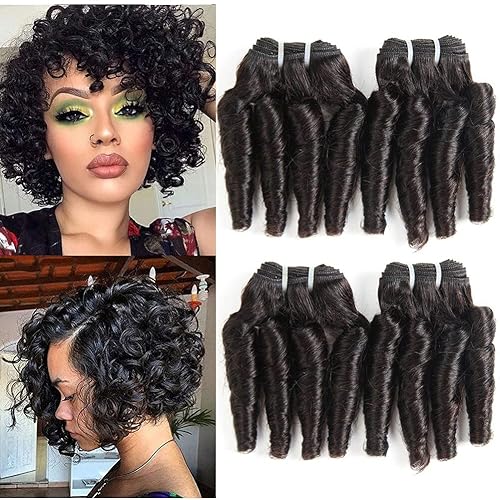 Molefi Extensiones de cabello humano brasileño Funmi rizado ondulado, 4 paquetes de extensiones de cabello humano negro, tejido corto rizado en
