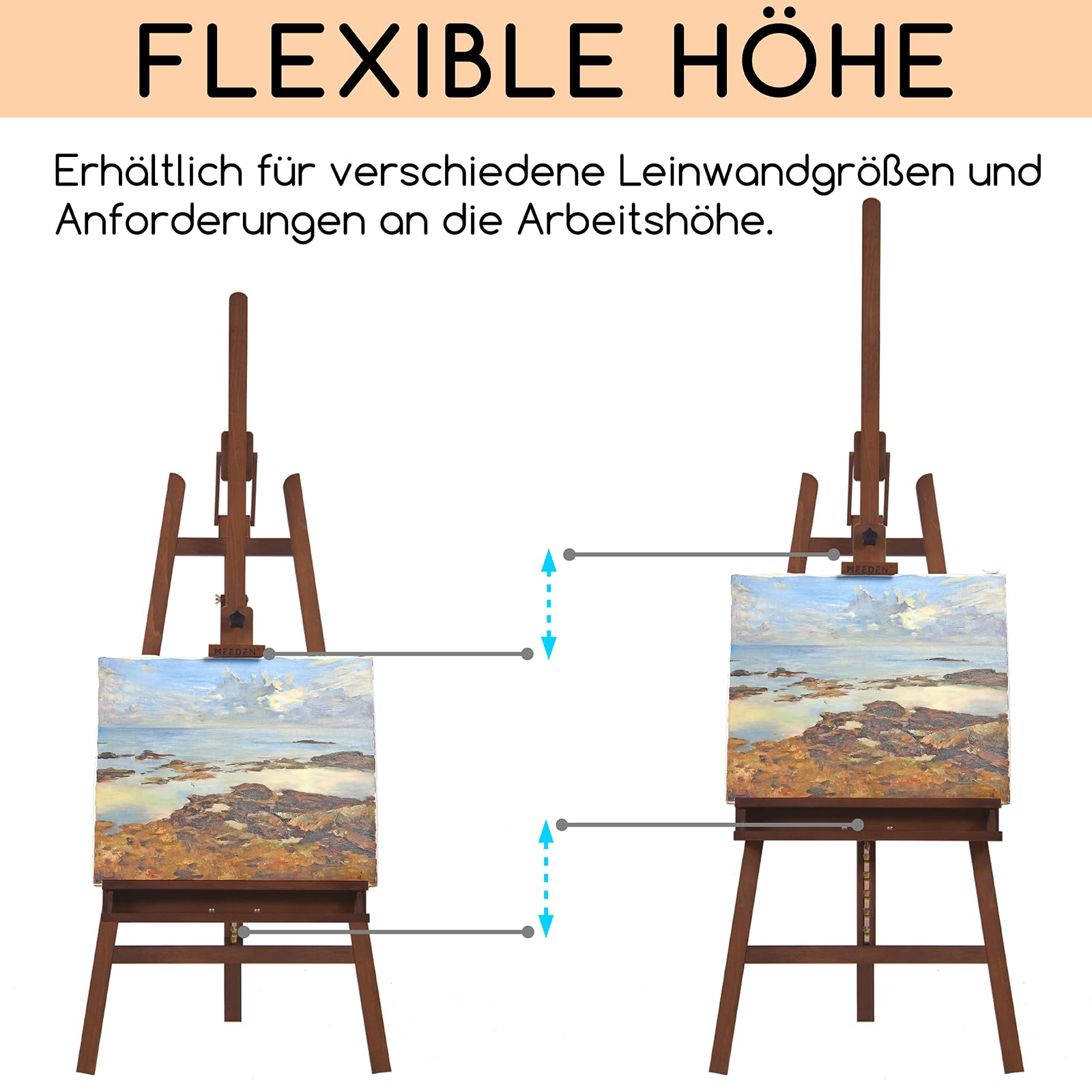 MEEDEN Staffelei Holz Groß 66x226 cm, Verstellbarer Leinwand Ständer aus Deutsche Buchenholz, Klappbare Atelierstaffelei mit Aufbewahungstablett, Holzstaffelei Malstaffelei für Leinwände bis 122cm