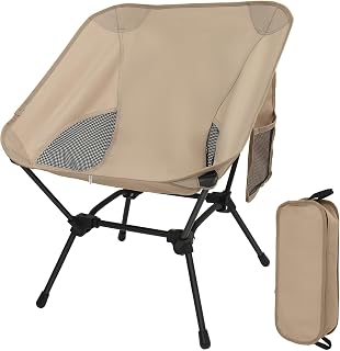 Silla Plegable Camping Ligera con Bolsillos Laterales, Silla Plegable Portatil, Altura Ajustable，Camping, Pesca, Senderismo, Playa, Caqui