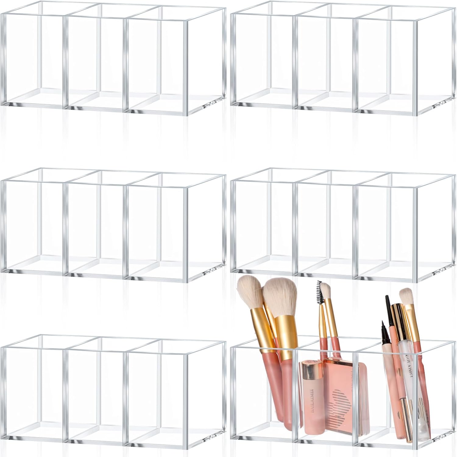 Seajan 6 Pack Acrylic Pen Holder 3 Compartments Clear Pencil Organizer Holder Makeup Brush Organizer for School Classroom Office Home Desktop Supplies Desk Accessories
