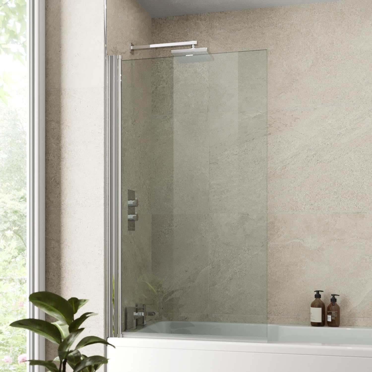Luxura Chrome Luxura® 800 X 1400Mm Over Bath Shower Screen Folding Hinged Door Glass Panels & Screens For Baths, Bathroom Frameless Square Design, 6Mm Toughened Safety Glass, 180° Pivot