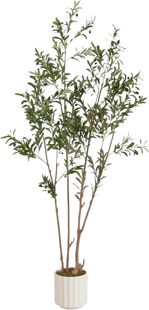 Oliveira Olivo artificial con maceta festoneada Jibbs, 7 pies, blanco, olivo artificial en maceta con follaje realista y musgo añadido, planta falsa para decoración de sala de estar