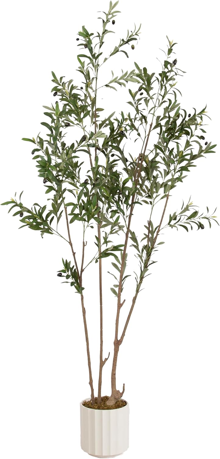 Kate and Laurel Oliveira Faux Olive Tree with Jibbs Scalloped Planter Pot, 7 FT, White, Potted Artificial Olive Plant Tree with Realistic Foliage and Added Moss, Fake Plant for Living Room Decor