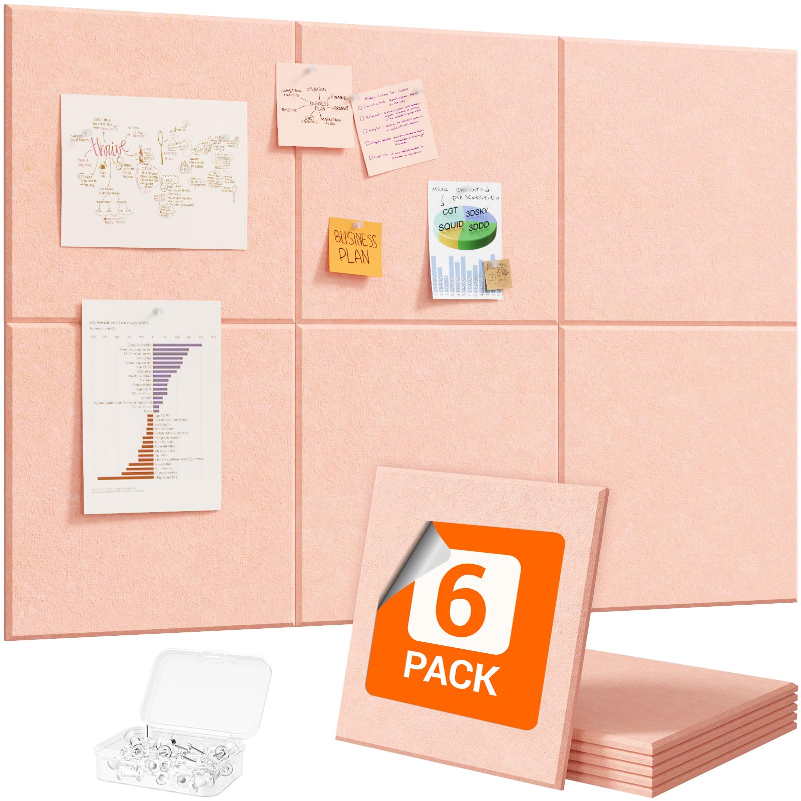 Lifewit 36"x 24" Felt Bulletin Board with Self-Adhesive, 6 Pack Cork Board Alternative for Walls, Large Pin Board Vision Board Message Board with 30 Pushpins for Office Decor, Room Decor, Pink