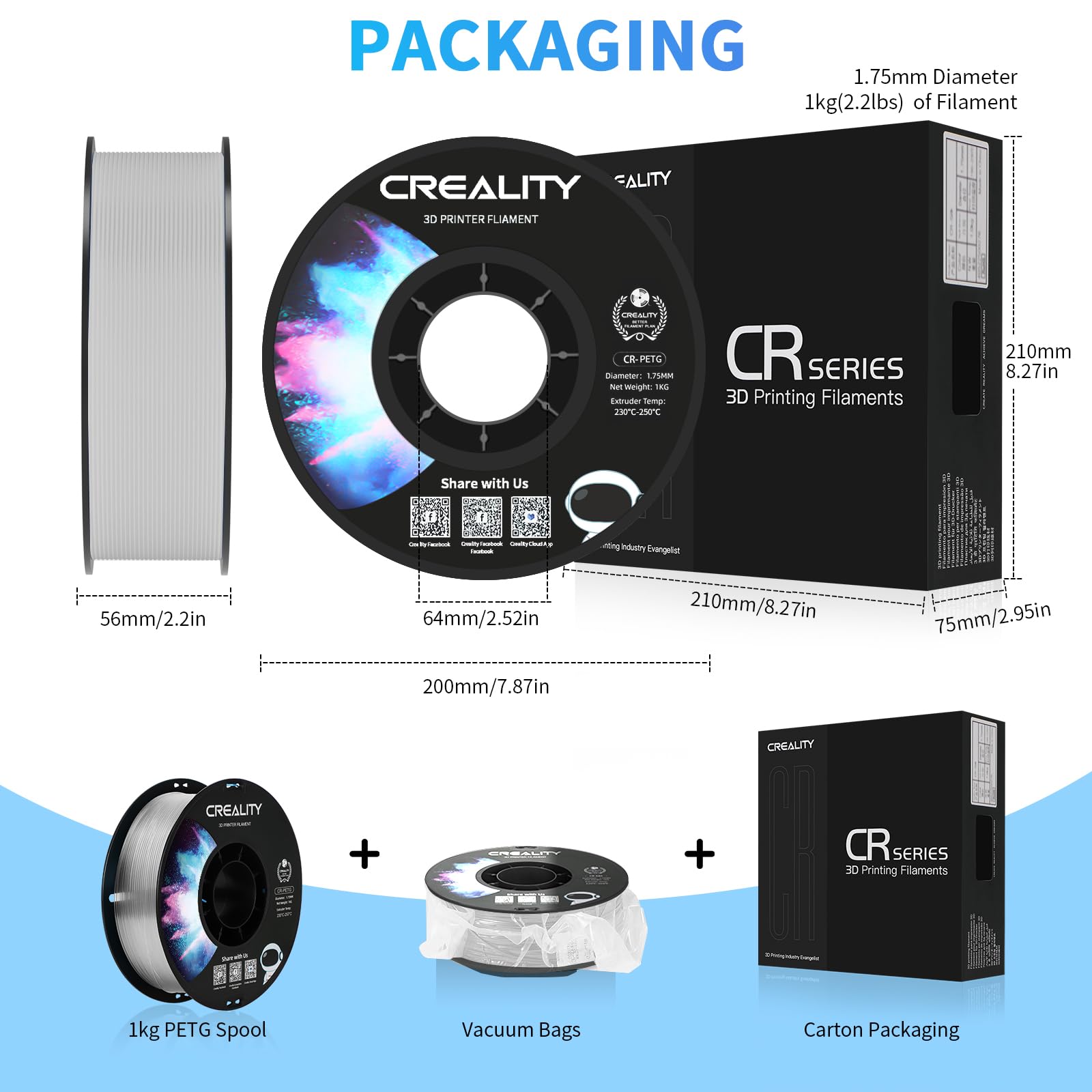 Creality Filamento PETG 1,75 mm, Ufficiale Filamento Stampante 3D Che Non si Aggroviglia, Forte Legame e Prestazioni a Sbalzo Precisione Dimensionale +/-0,03 mm, 2,2 lbs/Spool, Trasparente