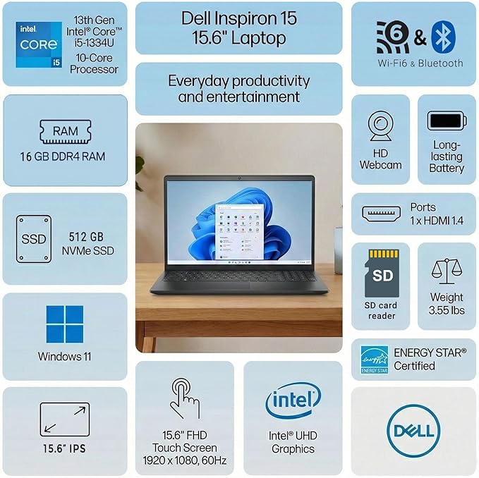 Dell Inspiron 15 15.6" FHD Táctil i5-1334U 16GB RAM 512GB SSD W11H miniatura 2