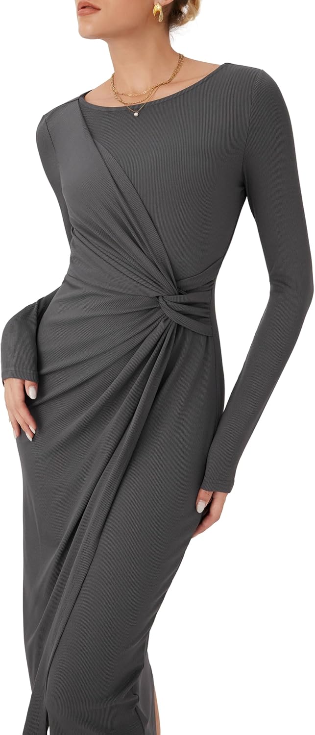 CIDER Women's Long Sleeve Dress Boat Neck Twist Waist Bodycon Midi Dress Elegant Cocktail Party Trendy Fall Dresses - Image 4