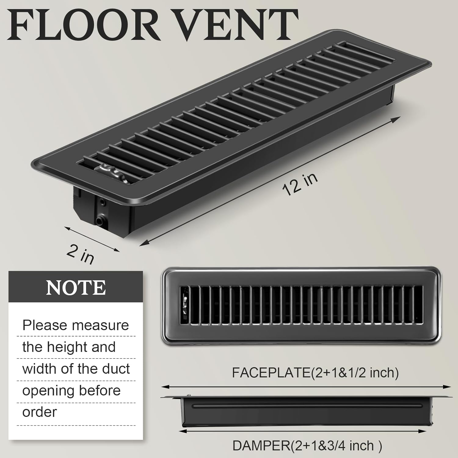 2x12 Floor Vents Heavy Duty Floor Registers, Floor Air Vent Covers 2 X 12 for Home Floor Wall Ceiling, Rust Proof Finish Registers Grilles & Vents (2, Black, 2x12 Inches)