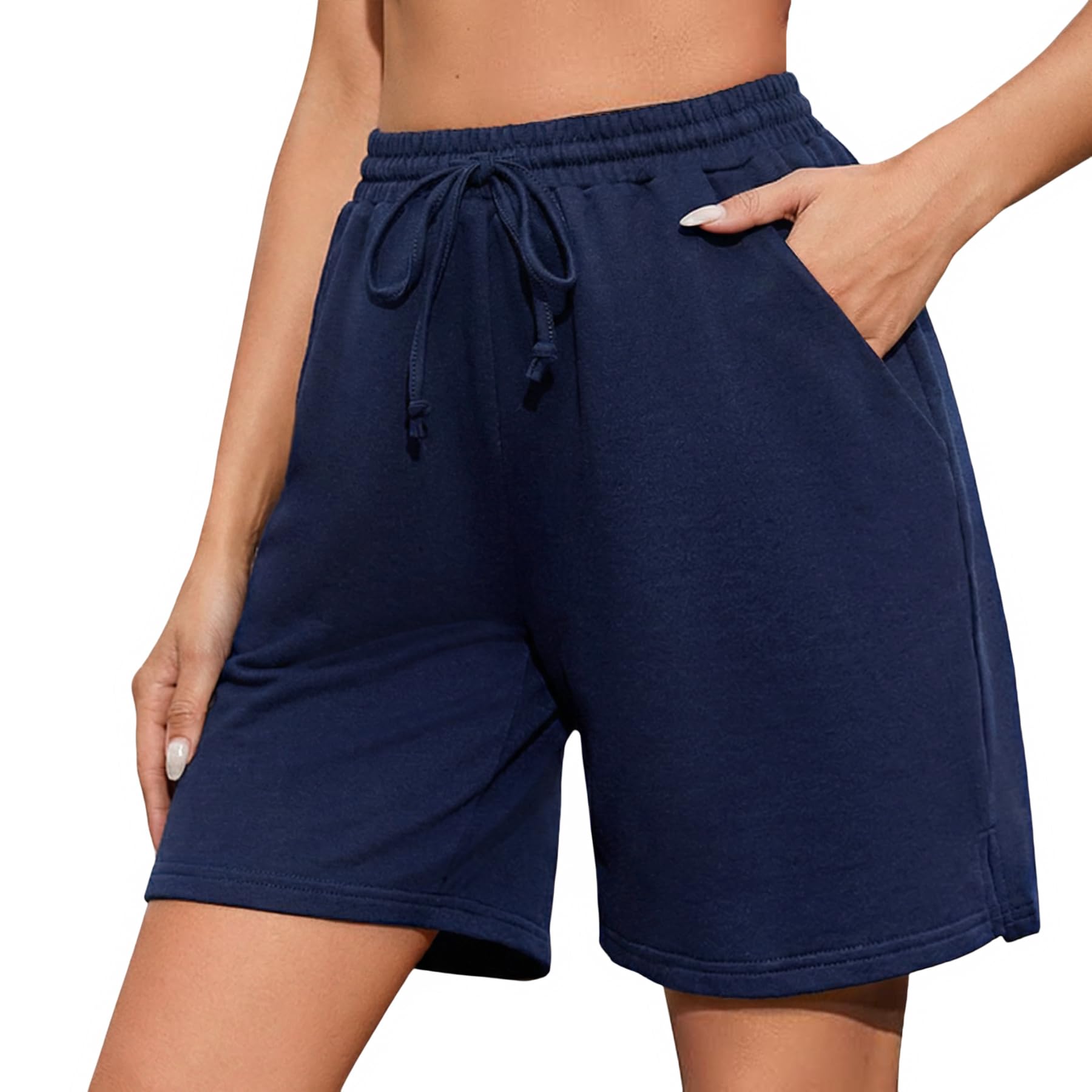 Demegimi Shorts Damen Bermuda Kurze Sporthose Knielang Sweatshorts Sommer Sport Shorts High Waist Lässig Kurz Hosen Baumwolle mit Taschen