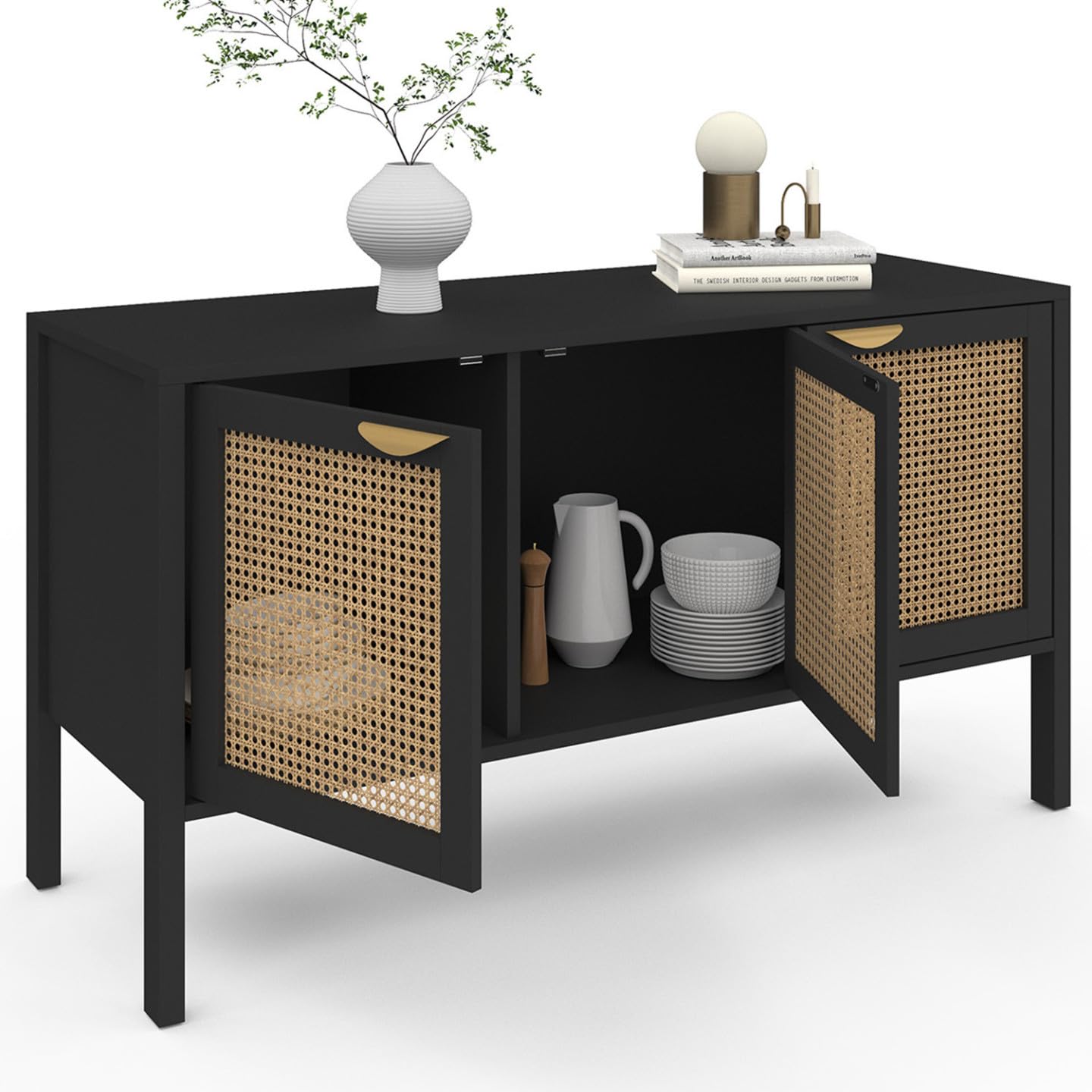 IDMarket - Buffet Bas 110 cm EDHEN 3 Portes Bois Noir et cannage