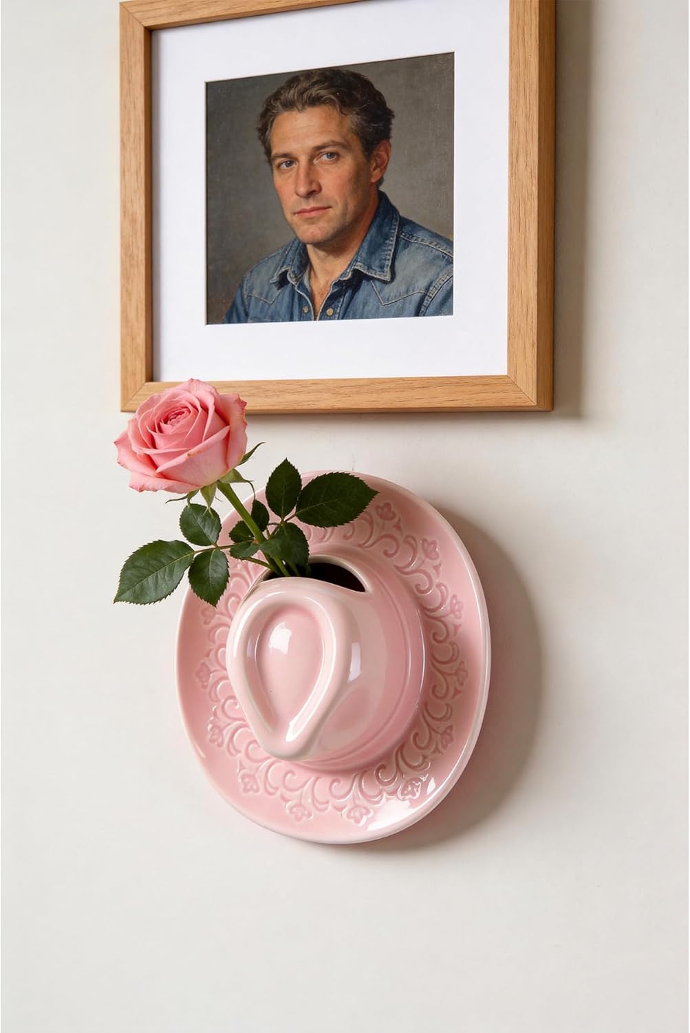Ceramic Cowboy Hat Vase - 8.2" Pink Handmade Hanging Flower Planter, Western Boho Room Decor & Coastal Cowgirl Aesthetic Wall Art for Home Decor