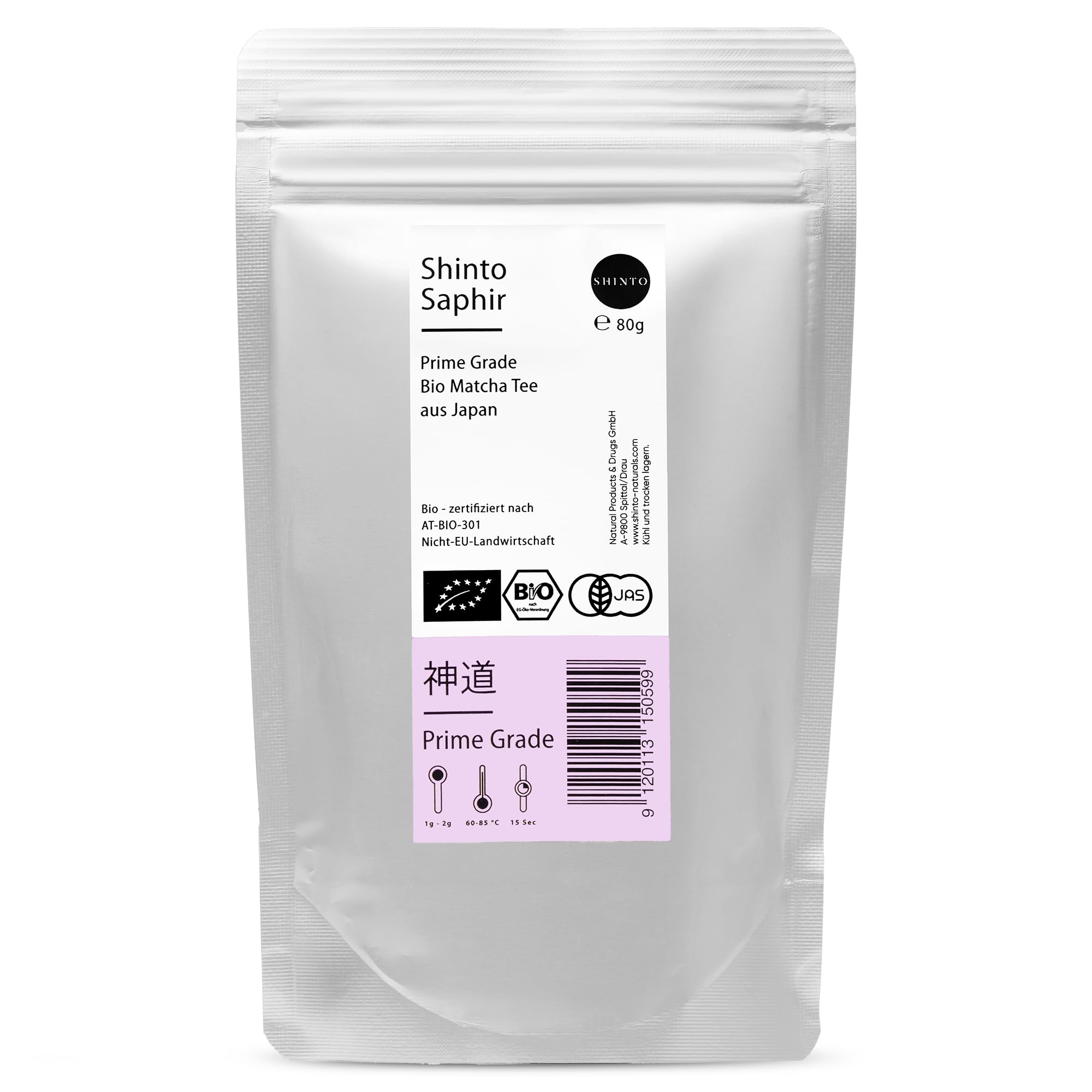 Shinto - Bio Matcha Tee "Saphir" - angenehm spürbares Umami - Ceremonial Matcha beschattet & handgepflückt - florales Aroma mit feiner Frische - Direktimport aus Uji Japan - 80g Aromabeutel