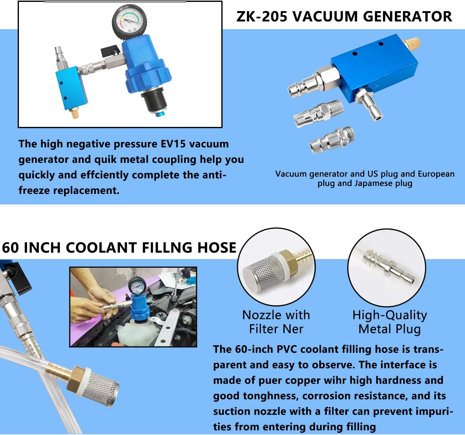 ZKTOOL Coolant Vacuum Refill Kit Quick Airlift Coolant Refill Tool for Most Vehicles, With 8 Size Rubber Sleeves & 2 Universal Adapter Cone Plug EV15 Vacuum Generator