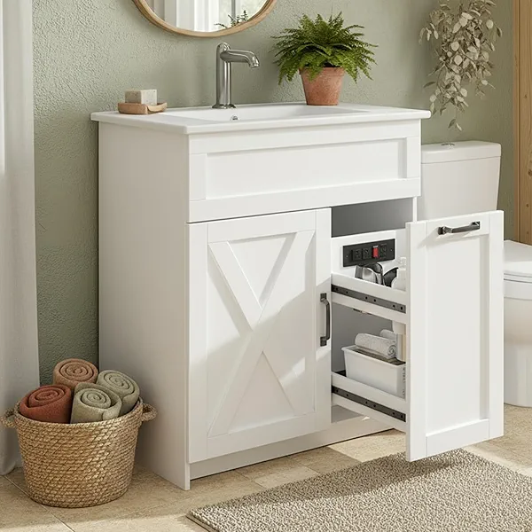 30" Bathroom Vanity with Sink,Bathroom Vanity Set with Hair Tool Organizer & Power Outlets, Farmhouse Bathroom Cabinet, Free Standing Bathroom Vanities with Metal Handle,White