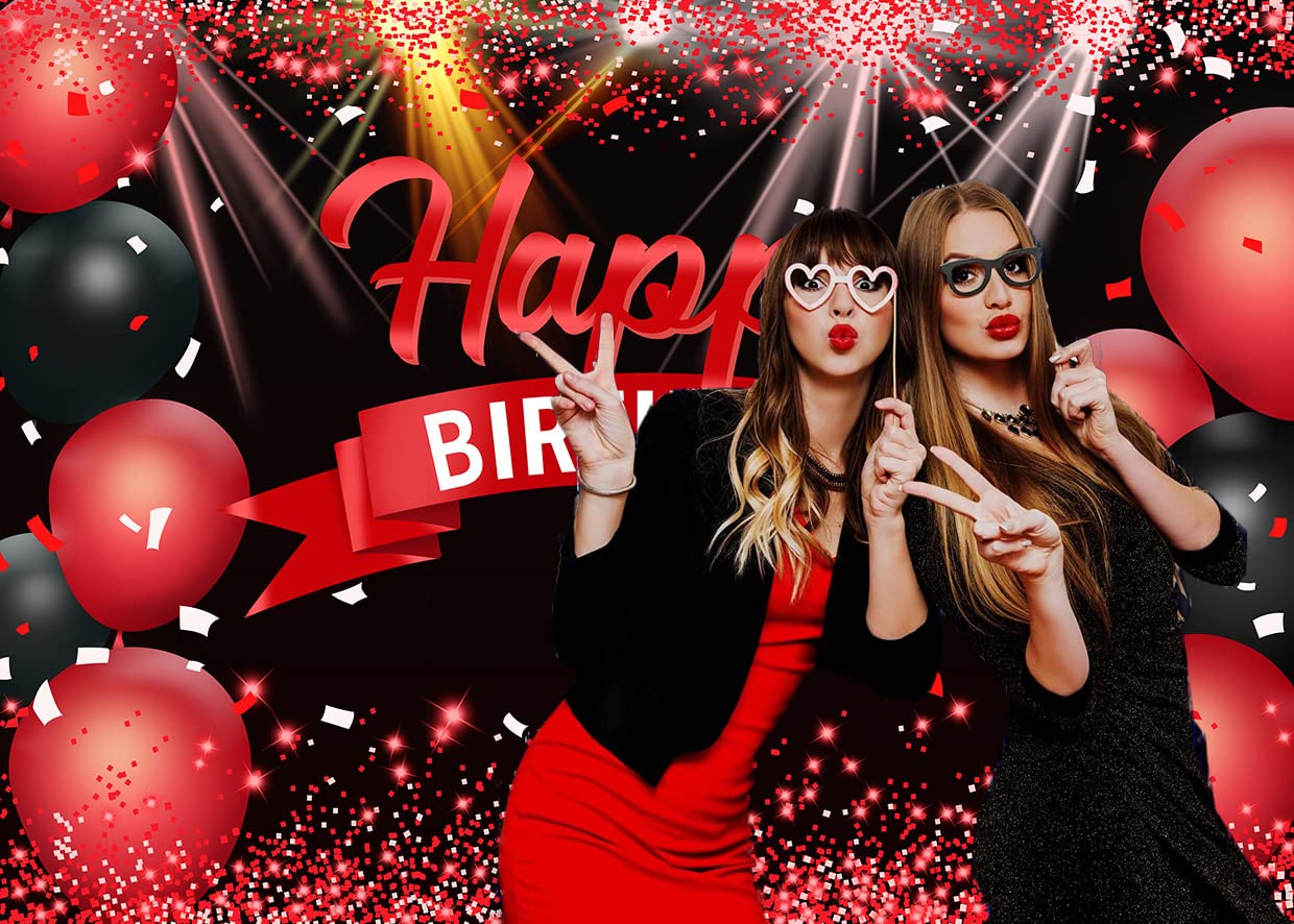 AIIKES 7x5FT Happy Birthday Hintergrund Rote Glitzer Luftballons für Mädchen Frauen Fotografie Hintergrund Geburtstag Party Dekorationen Hintergrund Fotostudio Requisiten 12-410