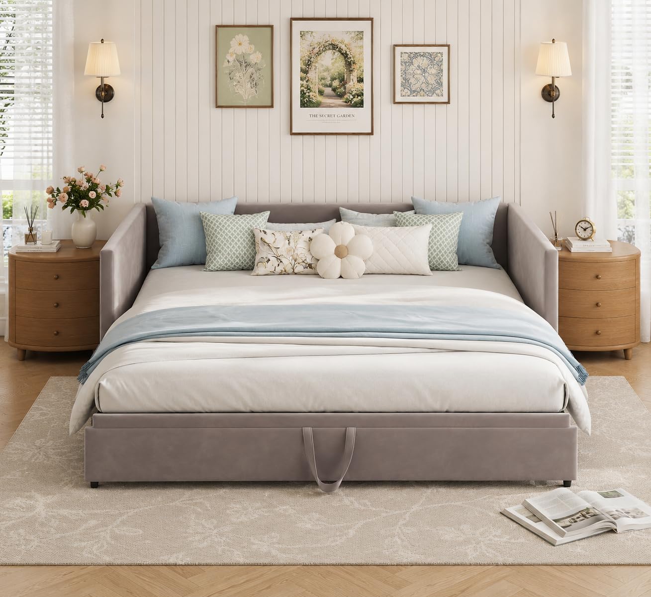 Gepolstertes Schlafsofa 90/180x200 cm, Tagesbett Ausziehbar mit Schlaffunktion, Bett Ausziehbar zum Doppelbett, Ausziehbett mit Lattenrost, Multifunktionsbett, Samt, Grau (Grau, 90/180 * 200)