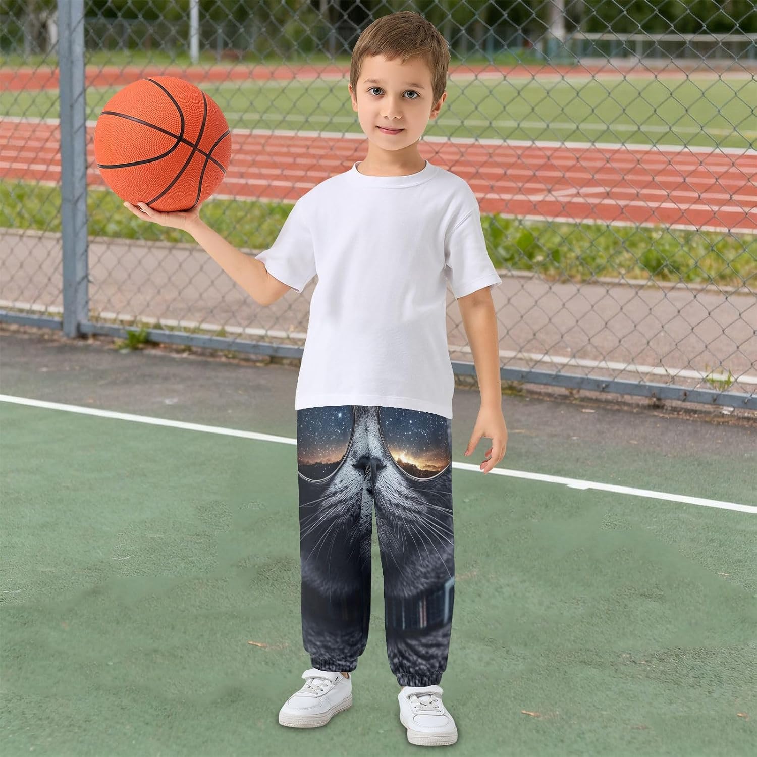 Boy Sweatpants Cosmic Galaxy Univeres Cat Joggers Casual Athletic Pants Kids Elastic Waist Cuffed with Pockets