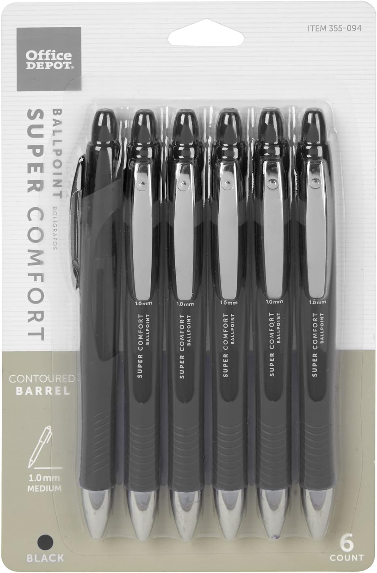 Office Depot® Retractable Ballpoint Pens With Grip, Medium Point, 1.0 mm, Black Barrel, Black Ink, Pack Of 6