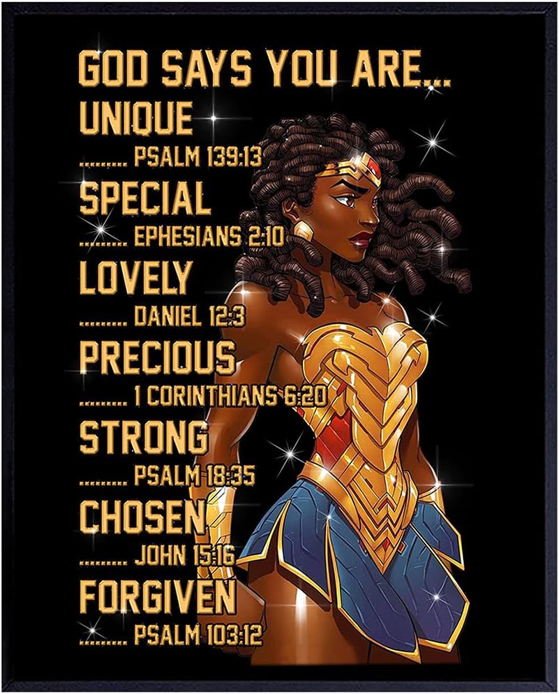 African American Woman - African American Wall Art for Girls - God Says You Are - Christian Wall Decor - Bible Verses - Black Art - Religious Gifts for Women - Inspirational Motivational Unframed