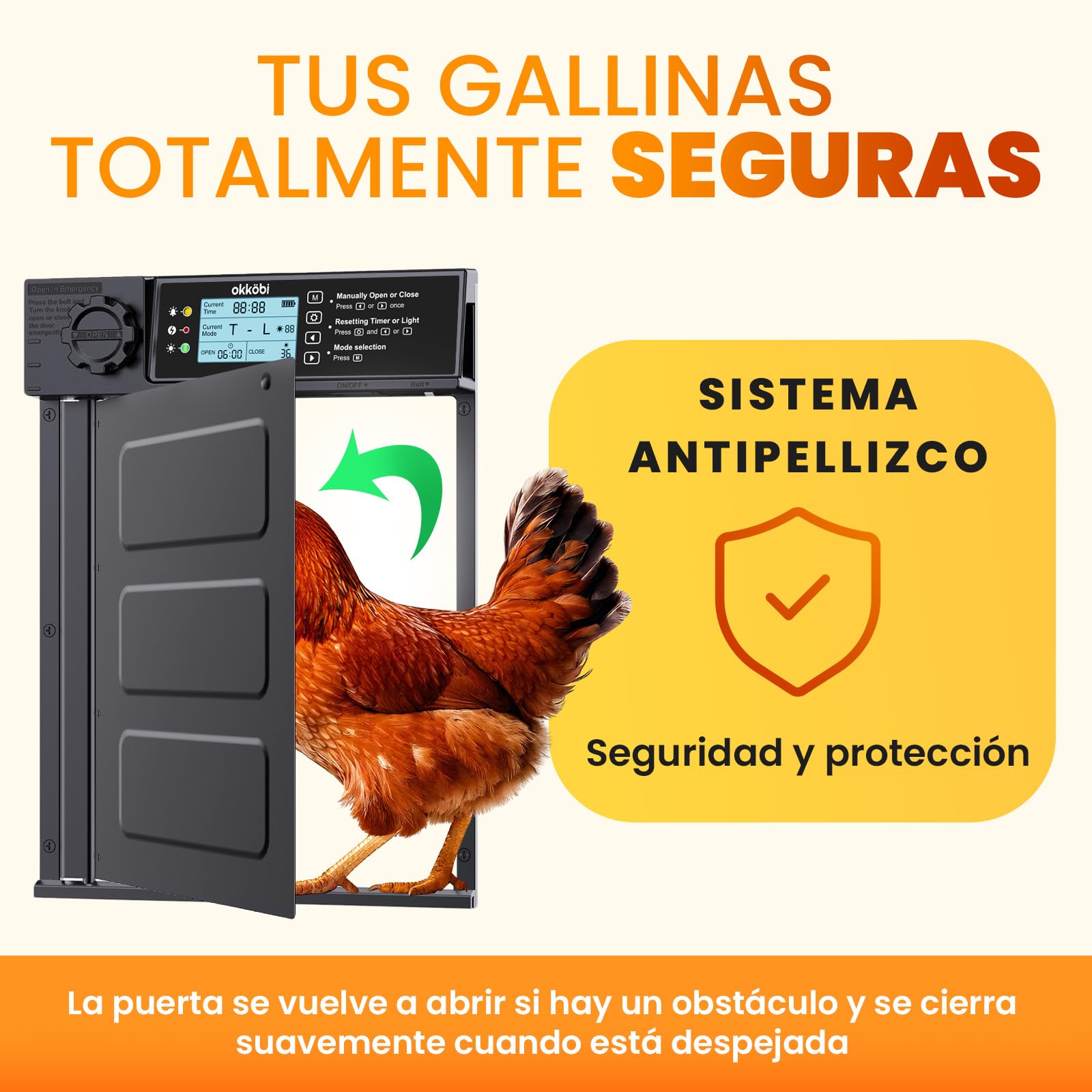 Puerta Gallinero Automatica Solar - Pro Version - Puerta Automatica Gallinero con Mando a Distancia, Sensor de luz y Temporizador - Seguridad: Función Anti-pellizco - Pantalla LCD - 5 años protección