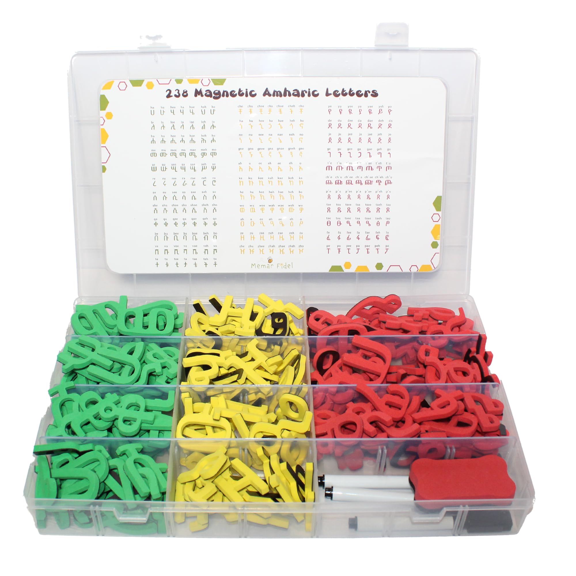 238 Amharic Alphabet Fridge Magnet Set- Letters (Fidels), Magnetic White Board, Eraser, and 3 Markers (Geez, Ethiopian, Eritrean) Fun Toy for Habesha Toddler, Kid, Child Spelling & Learning Game