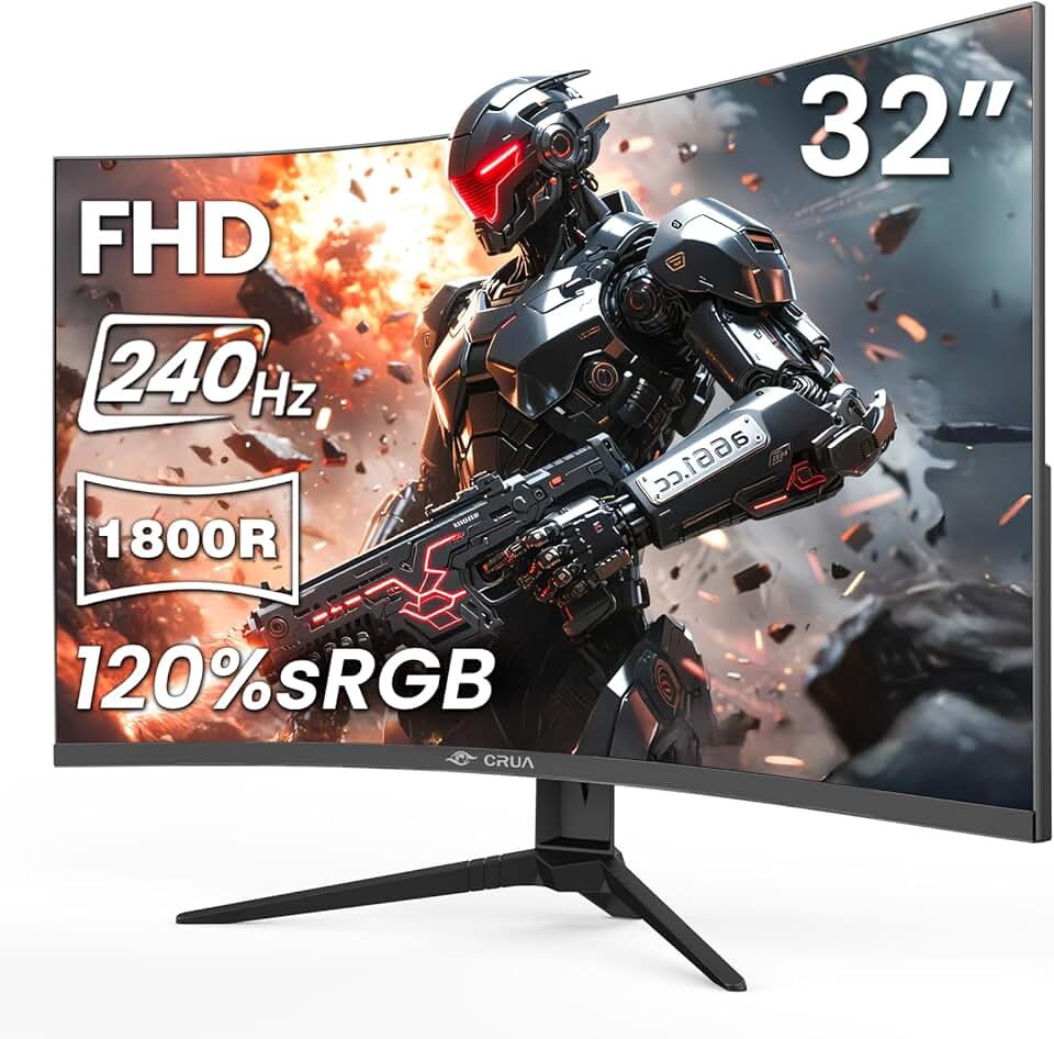 CRUA Monitor de jogos curvo de 32 polegadas, painel VA Full HD 240Hz 1920 × 1080P, tela ultralarga 1800R, cor 120% sRGB, AMD FreeSync, pouca luz azul, portas HDMI 2.0 e DP 1.4, instalações montáveis